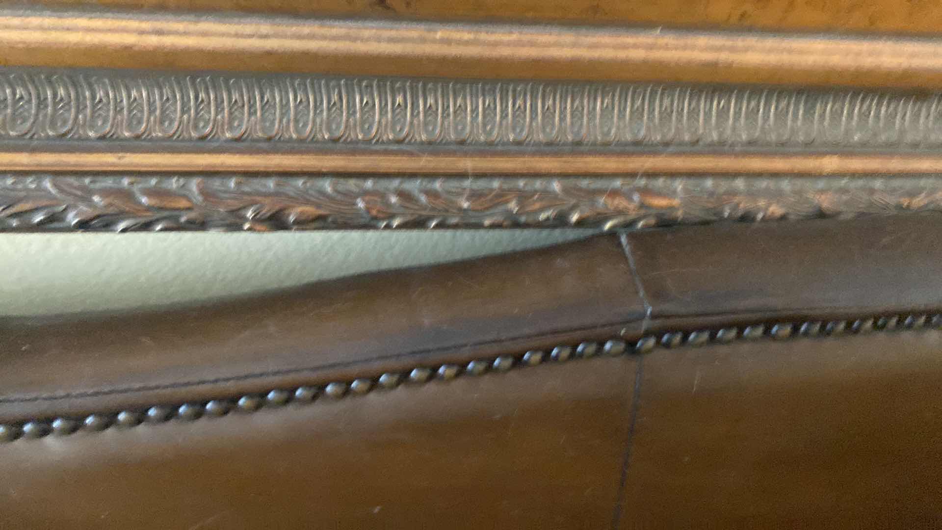 Photo 1 of 88” LEATHER MART BROWN WITH ROLLED ARMS & NAILHEAD TRIM