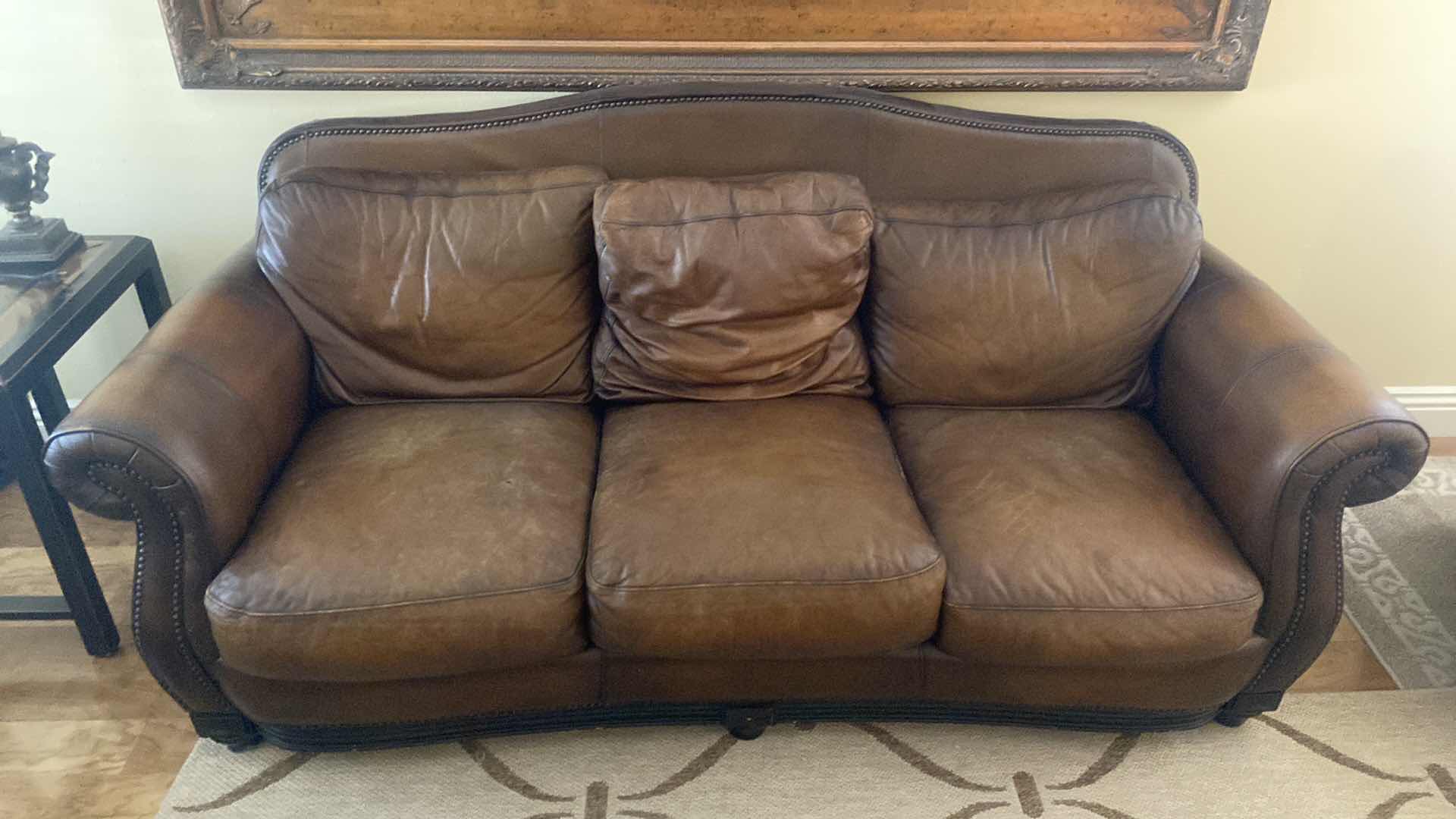 Photo 1 of 88” LEATHER MART BROWN WITH ROLLED ARMS & NAILHEAD TRIM