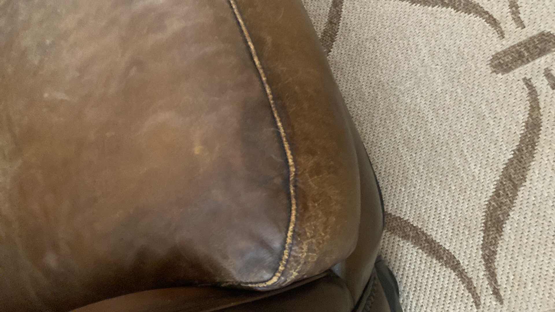 Photo 1 of 88” LEATHER MART BROWN WITH ROLLED ARMS & NAILHEAD TRIM