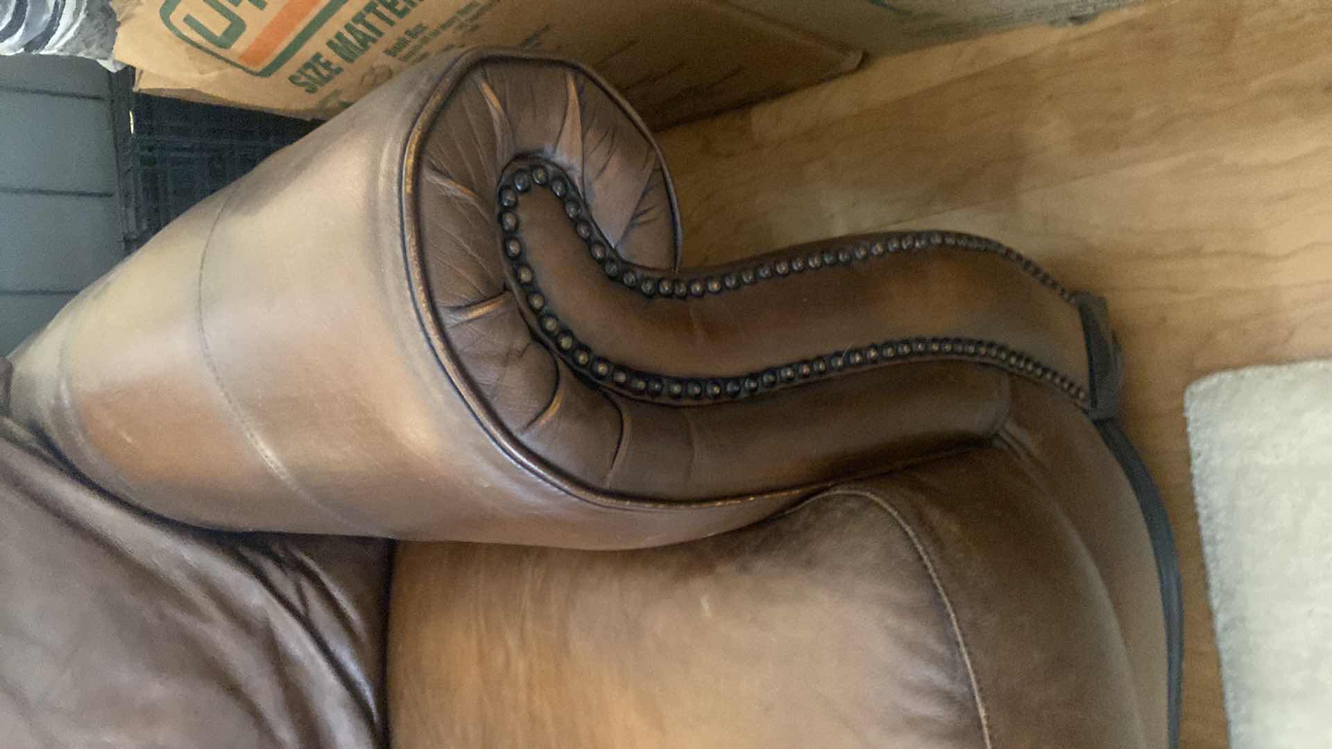 Photo 1 of 67” LEATHER MART BROWN WITH ROLLED ARMS & NAILHEAD TRIM LOVESEAT