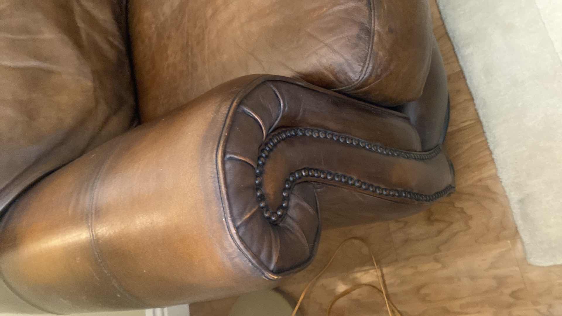 Photo 1 of 67” LEATHER MART BROWN WITH ROLLED ARMS & NAILHEAD TRIM LOVESEAT