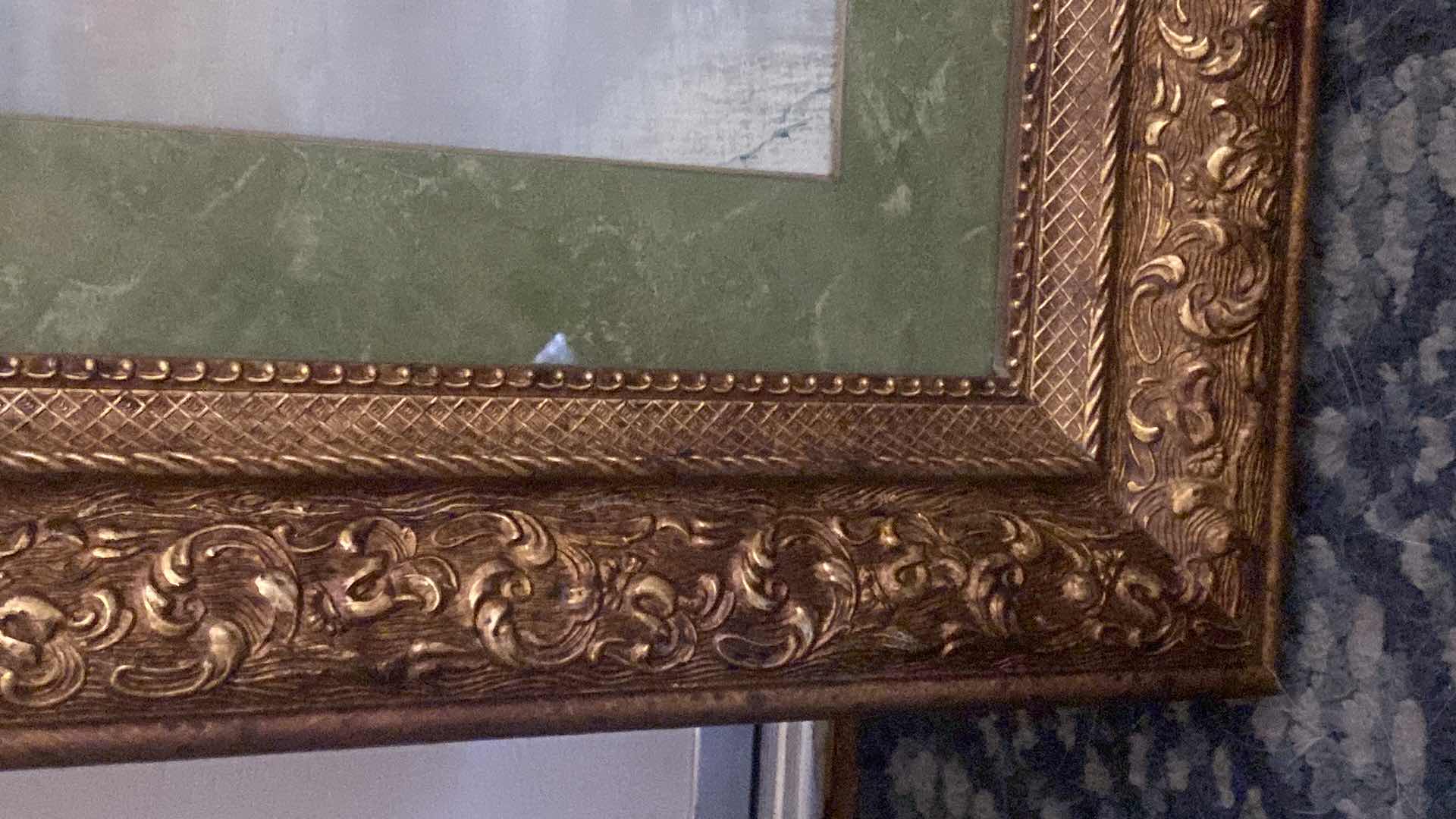 Photo 1 of ORNATE FRAMED WINTER SCENE PAINTING ON CANVAS WITH GLASS SIGNED ARTWORK 23 1/2” x 27 1/2”