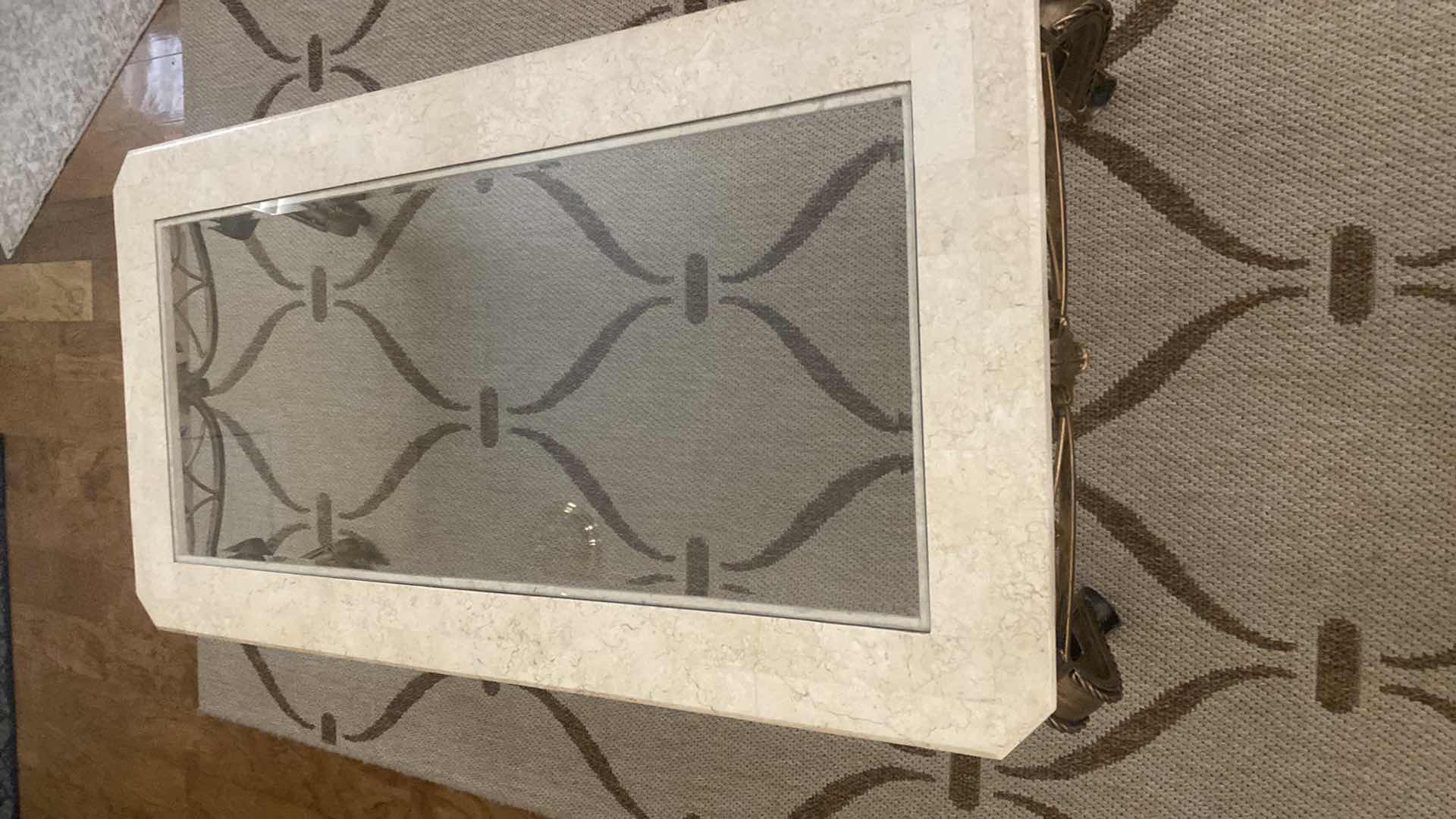 Photo 1 of MARBLE & IRON COFFEE TABLE WITH BEVELED GLASS TOP 50“ x 26“ H 16”