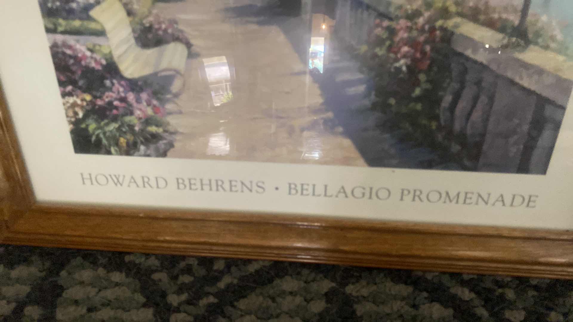 Photo 1 of OAK FRAMED BEHRENS BELLAGIO PROMENADE ARTWORK 16 1/2” x 14” & GOLD NEW YORK NEW YORK GLASS CASINO SOUVENIRS