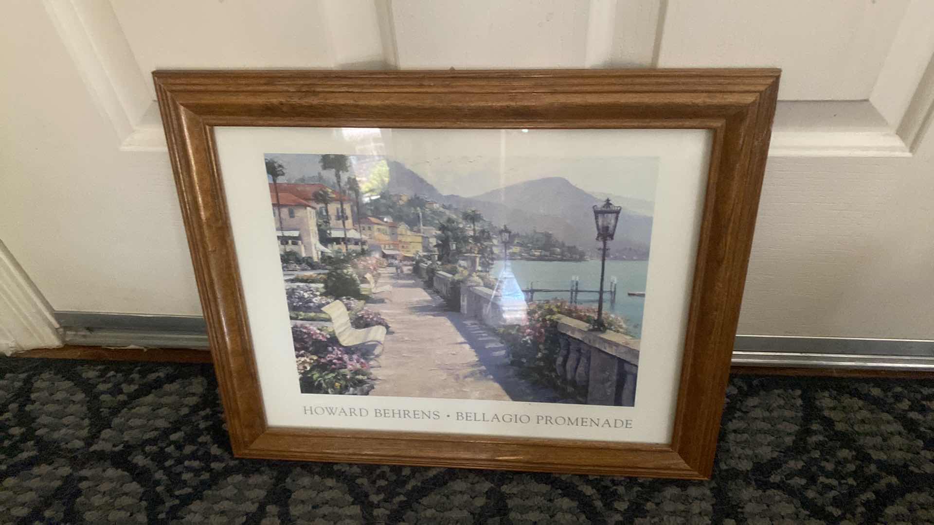Photo 1 of OAK FRAMED BEHRENS BELLAGIO PROMENADE ARTWORK 16 1/2” x 14” & GOLD NEW YORK NEW YORK GLASS CASINO SOUVENIRS