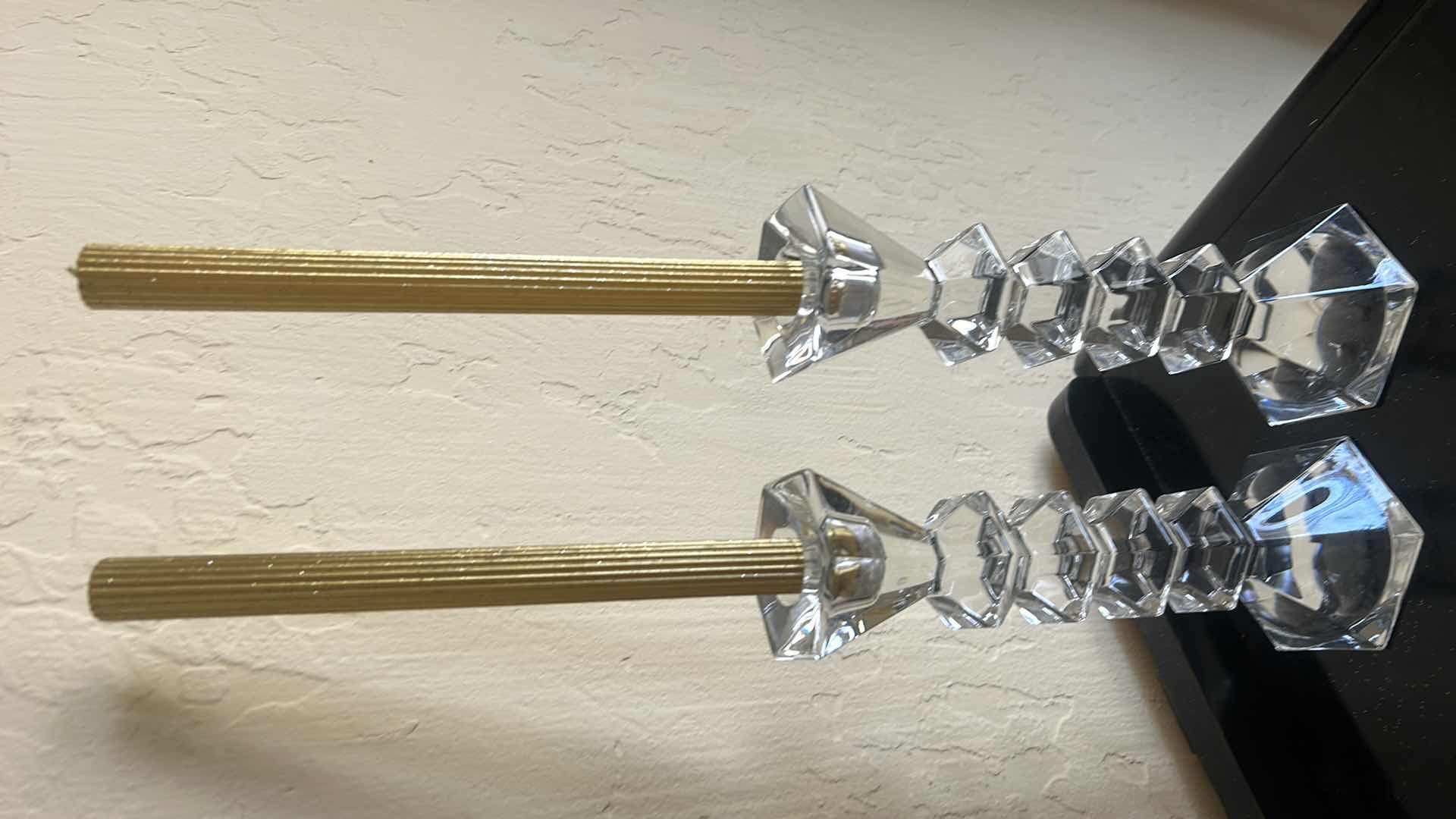 Photo 1 of 2 CRYSTAL/GLASS CANDLE STICKS H10” WITH 2 GOLD TAPER CANDLES