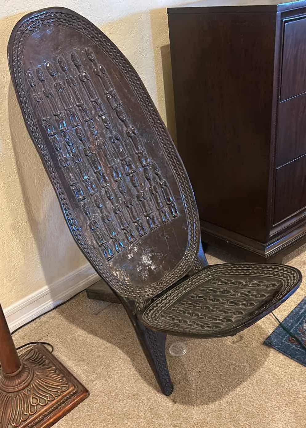 Photo 1 of AFRICAN TRIBAL HAND CARVED FOLDING PALAVER CHAIR. H39”