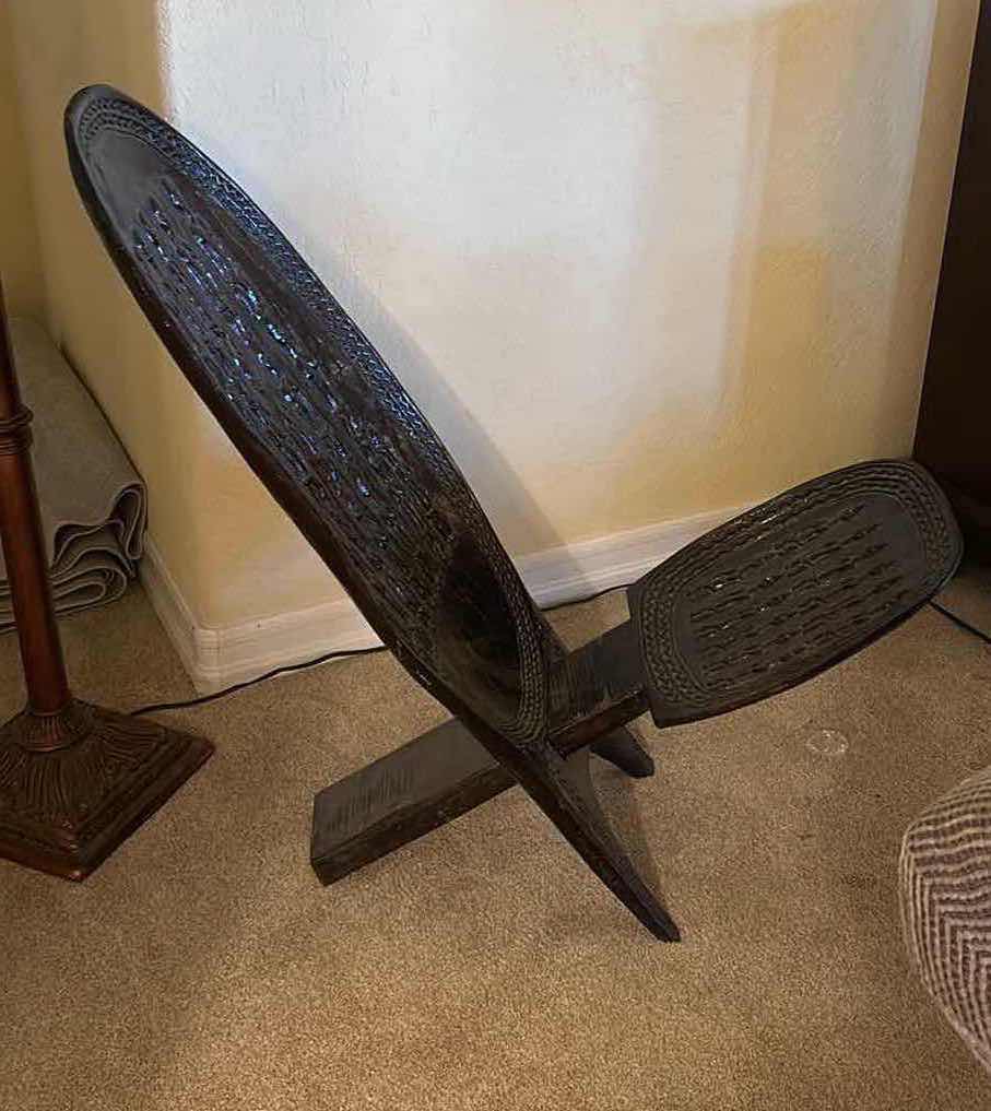 Photo 1 of AFRICAN TRIBAL HAND CARVED FOLDING PALAVER CHAIR. H39”