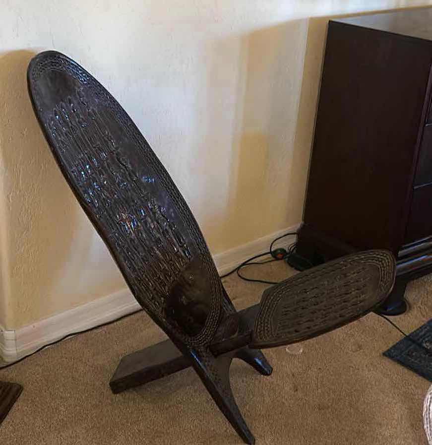 Photo 1 of AFRICAN TRIBAL HAND CARVED FOLDING PALAVER CHAIR. H39”