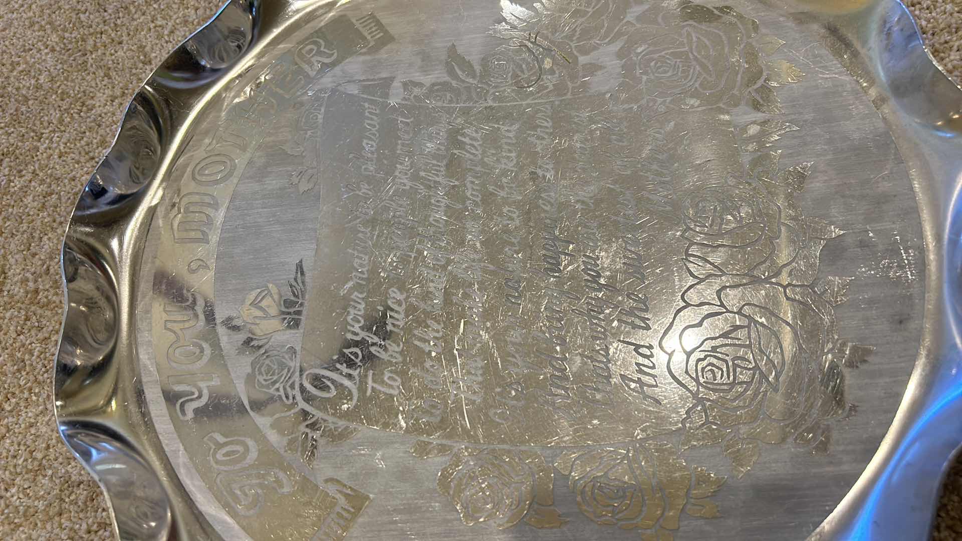 Photo 1 of 2 - ENGRAVED METAL SCALLOPED TRAYS 14”.