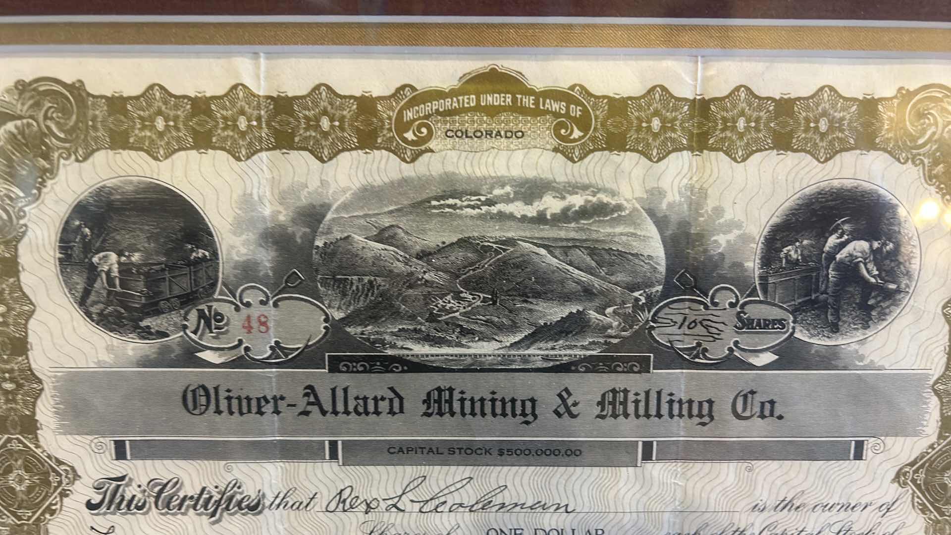 Photo 1 of 1928 FRAMED OLIVER ALLARD MINING AND MILLING COMPANY $1 SHARE. 16“ x H13“.