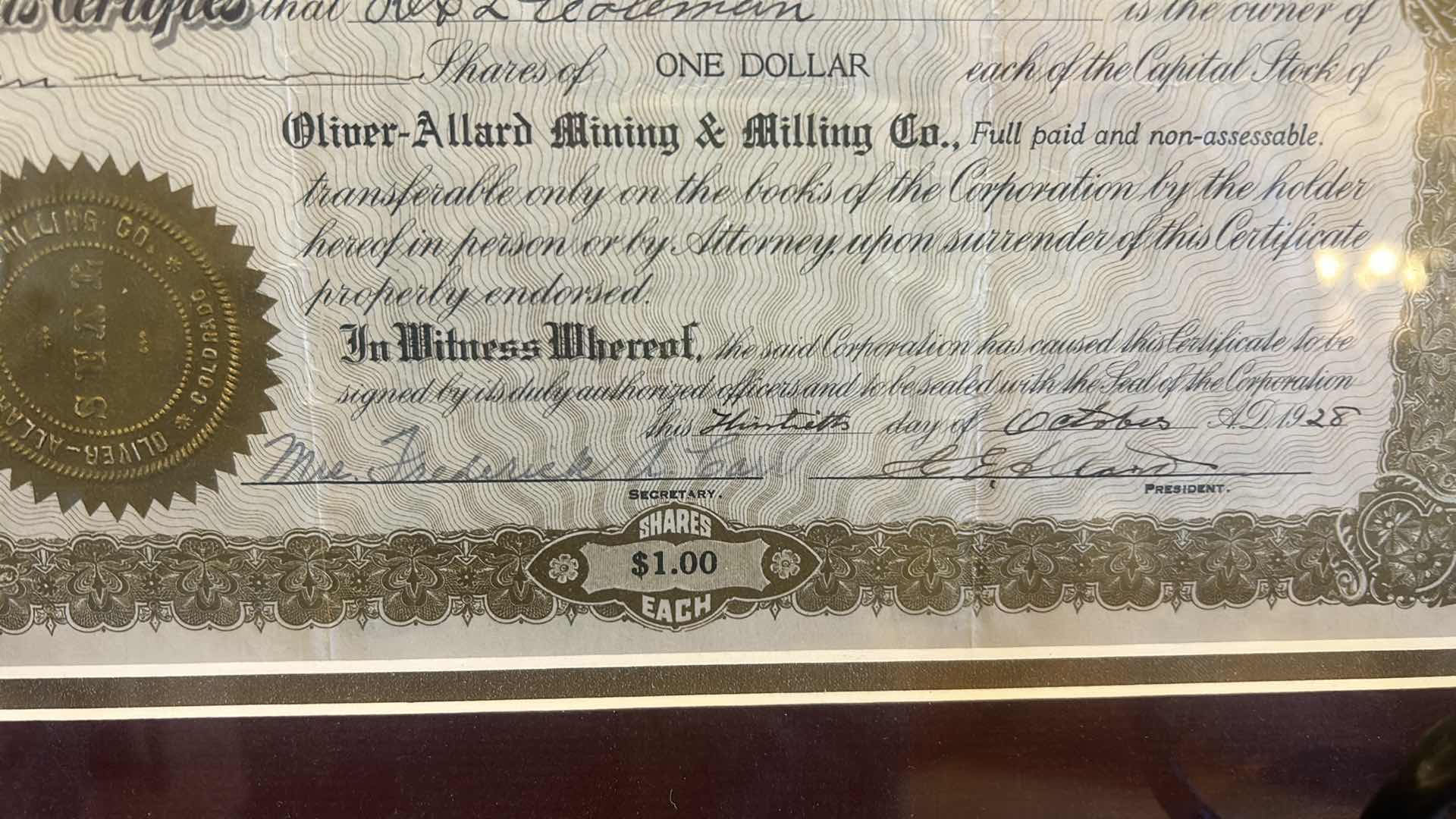 Photo 1 of 1928 FRAMED OLIVER ALLARD MINING AND MILLING COMPANY $1 SHARE. 16“ x H13“.