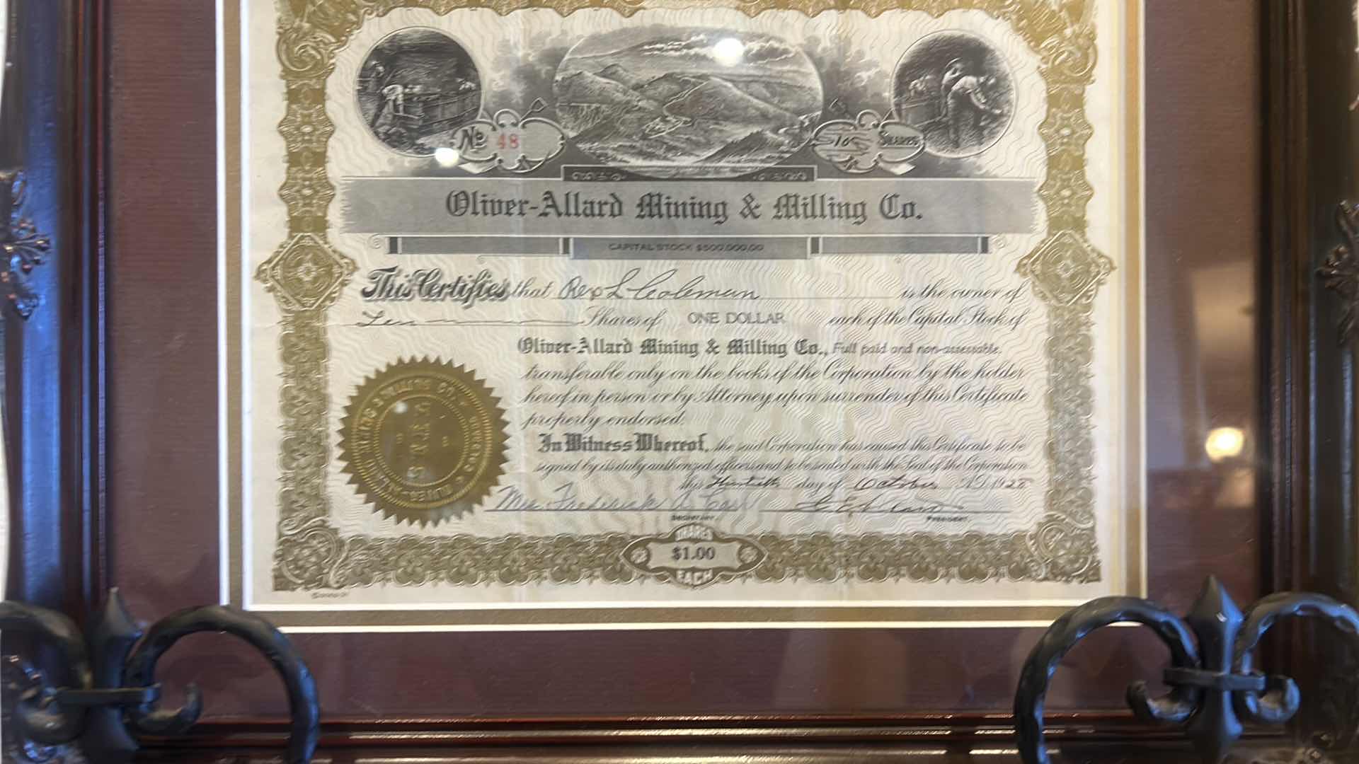 Photo 1 of 1928 FRAMED OLIVER ALLARD MINING AND MILLING COMPANY $1 SHARE. 16“ x H13“.