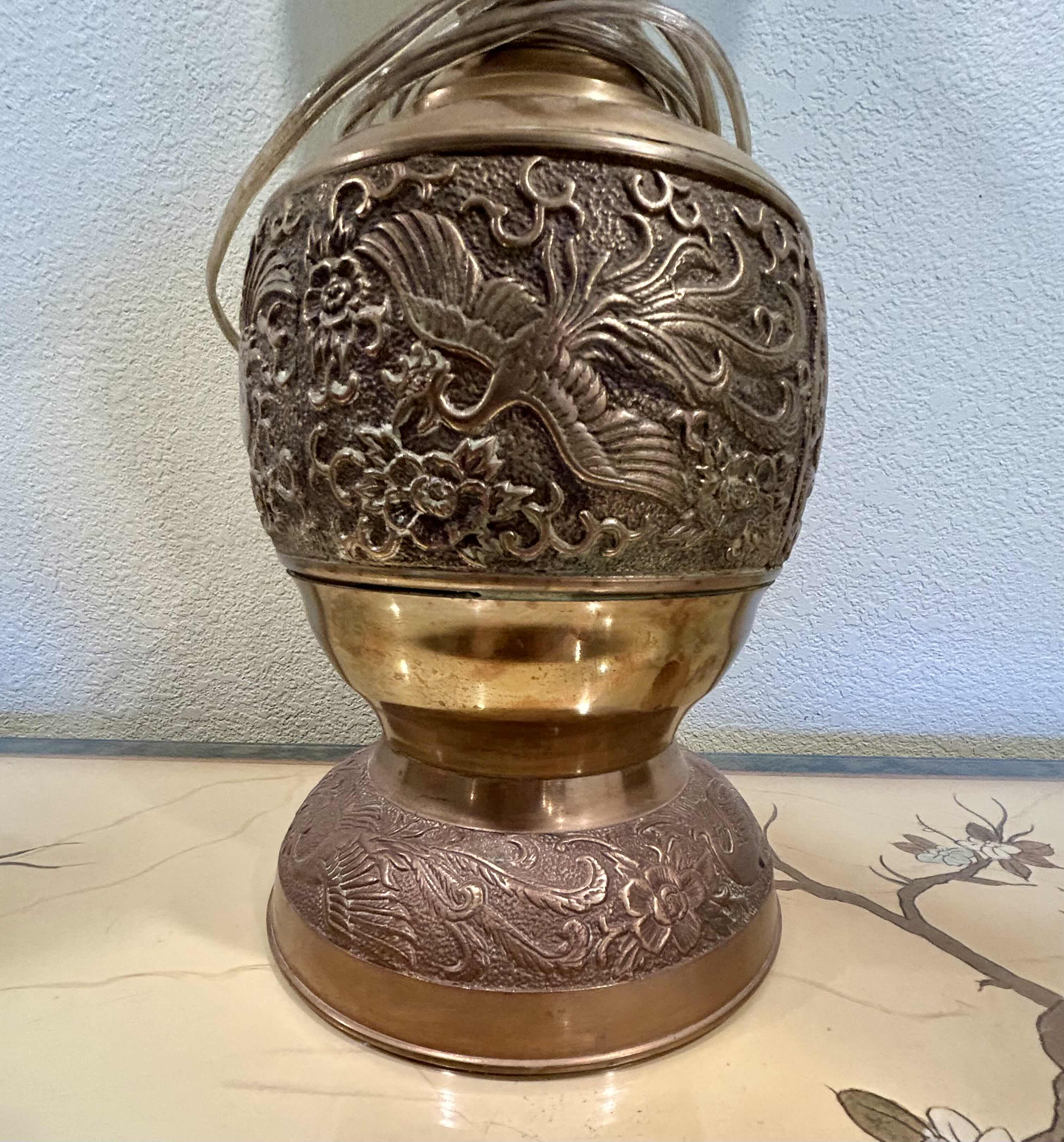 Photo 1 of BRASS LAMP WITH CREAM BELL SHADE H 36”