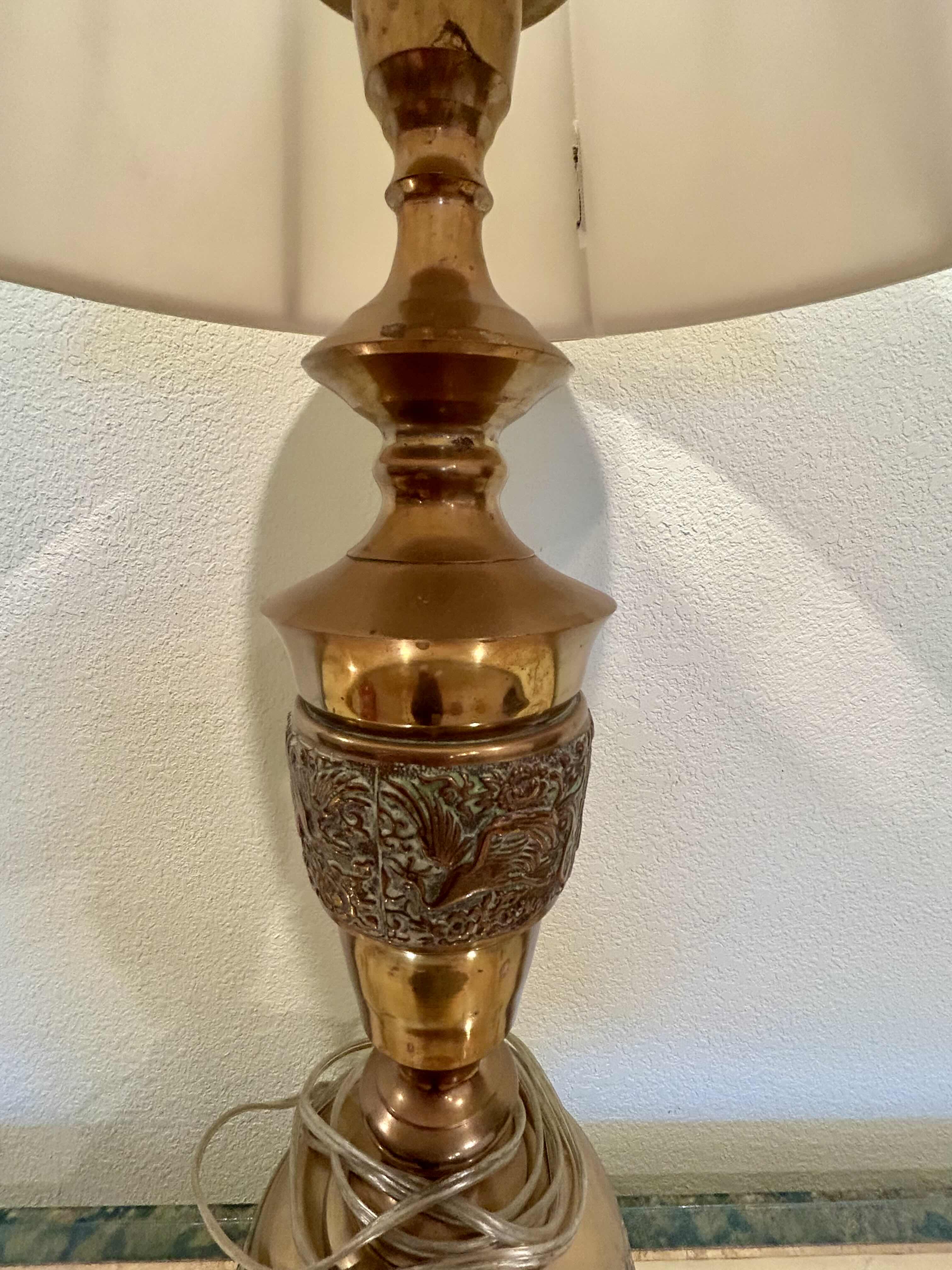 Photo 1 of BRASS LAMP WITH CREAM BELL SHADE H 36”
