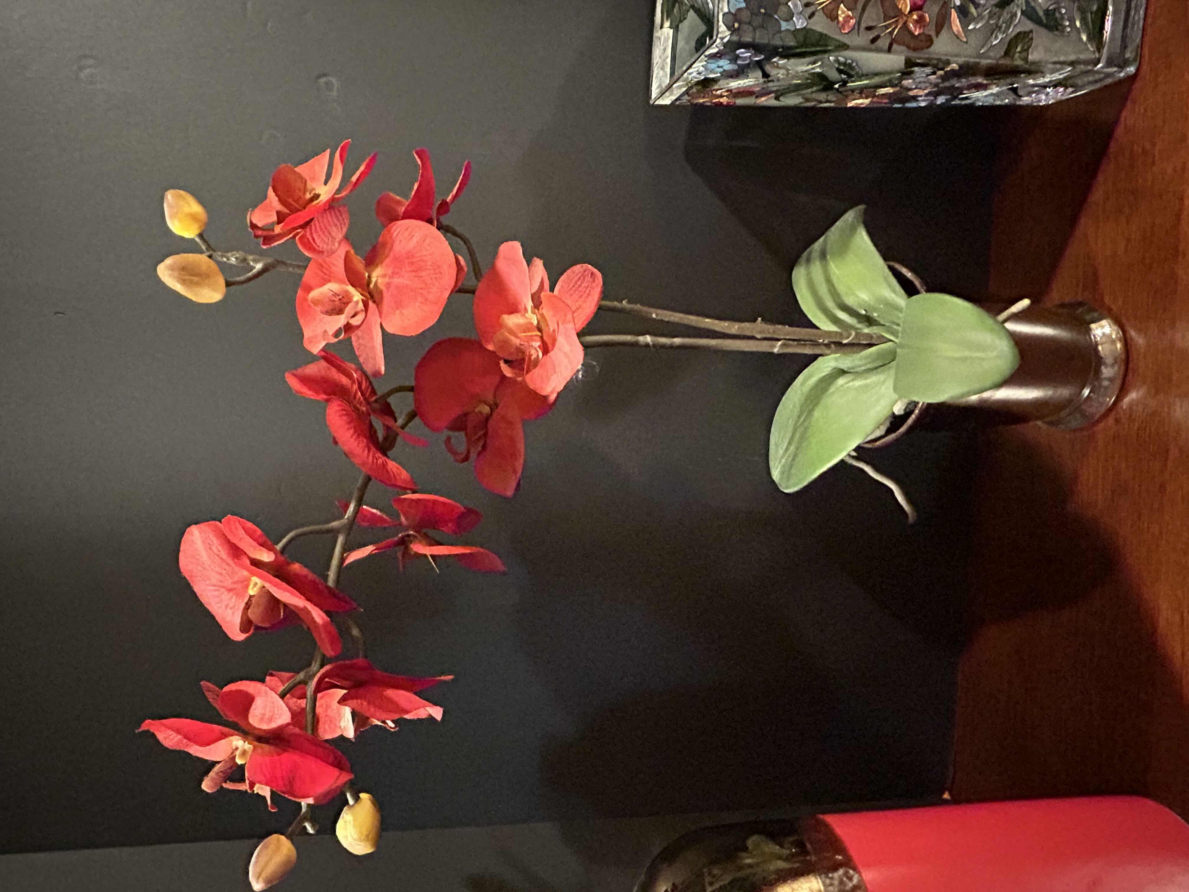 Photo 1 of 3 HOME DECOR ITEMS, 2-VASES  8” AND 10” AND 1-FAUX FLOWER ARRANGEMENT