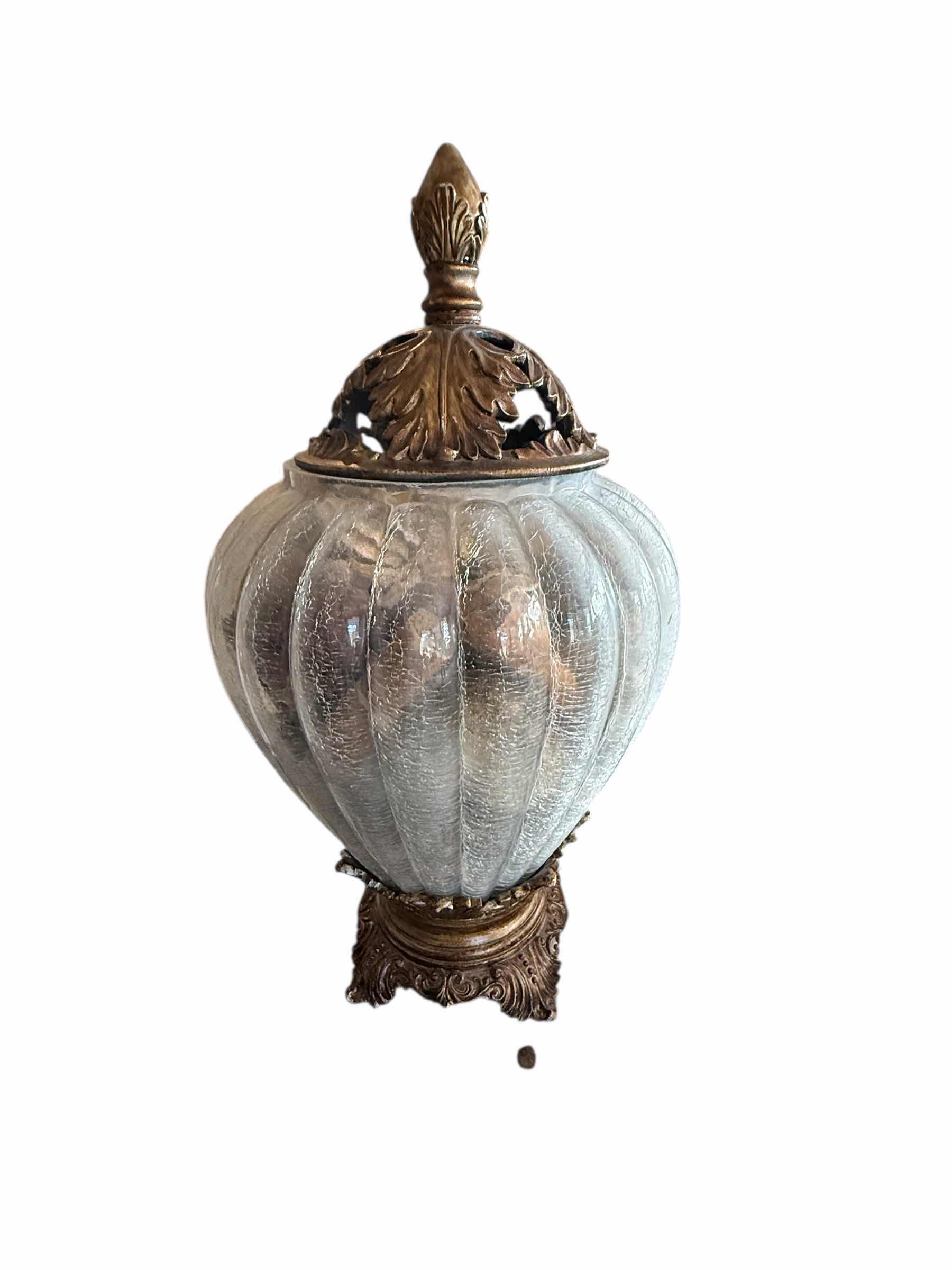 Photo 1 of GOLD LEAF W CRACKED GLASS DECORATIVE JAR W12” H21”