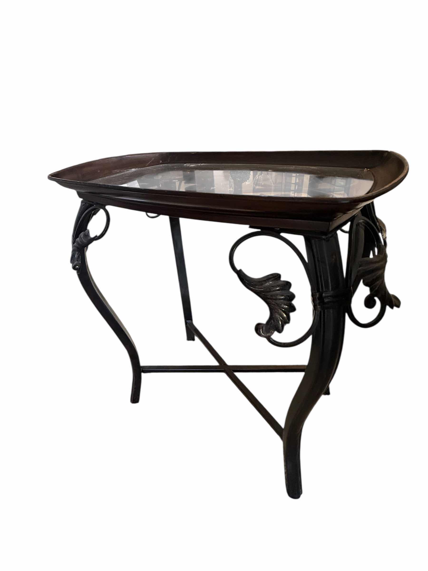 View 2 of DARK BROWN METAL W IRON & GLASS TOP ACCENT TABLE 21” x 15” H24”