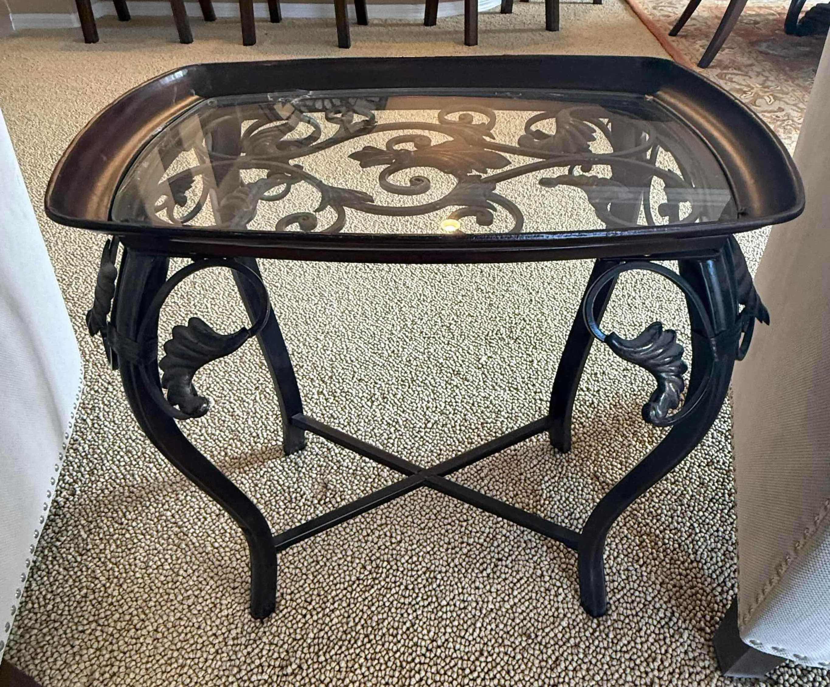 View 3 of DARK BROWN METAL W IRON & GLASS TOP ACCENT TABLE 21” x 15” H24”