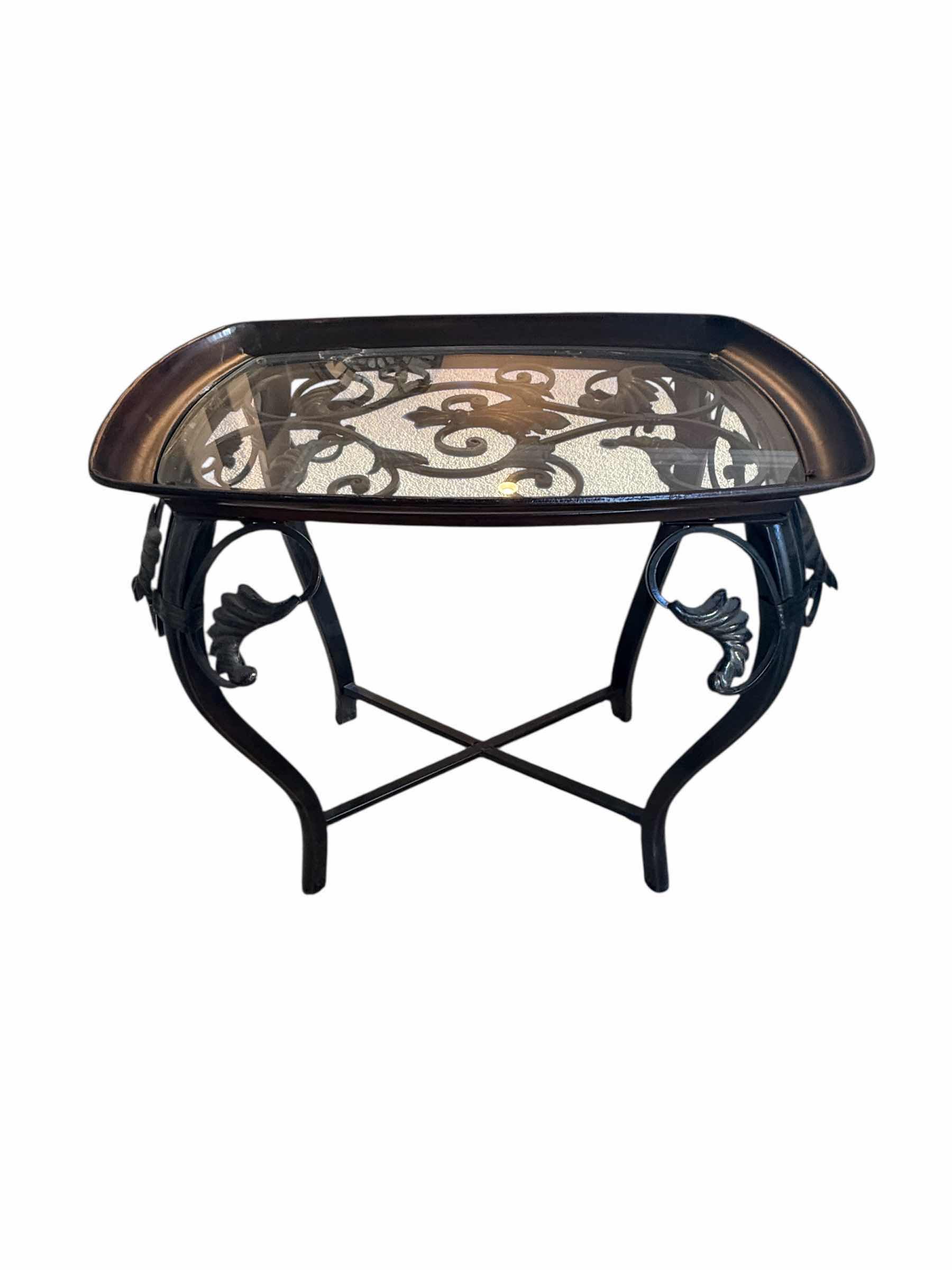 View 1 of DARK BROWN METAL W IRON & GLASS TOP ACCENT TABLE 21” x 15” H24”