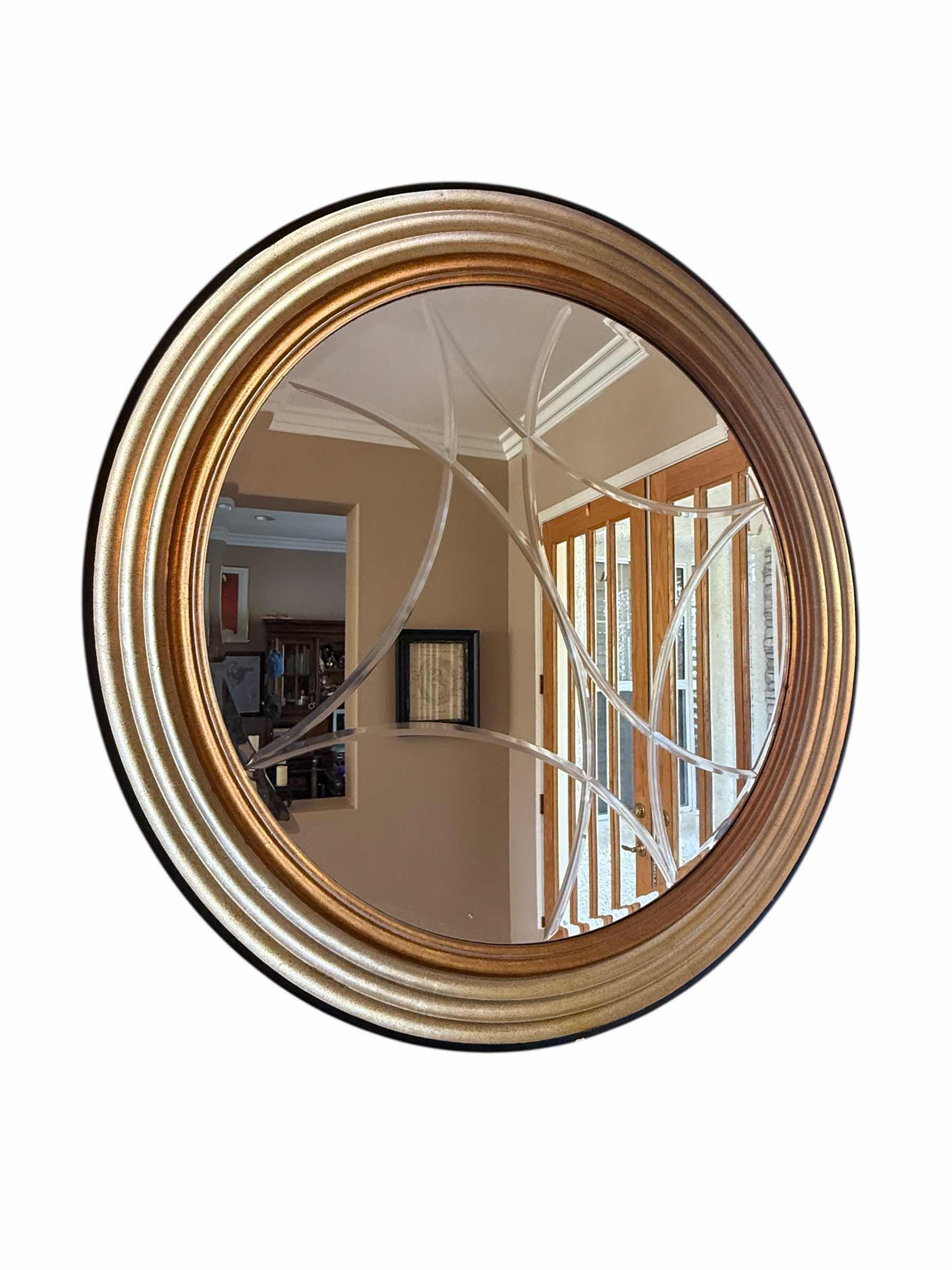 Photo 2 of 42” ROUND BEVELED GLASS WALL MIRROR W GOLD & COPPER TRIM FRAME