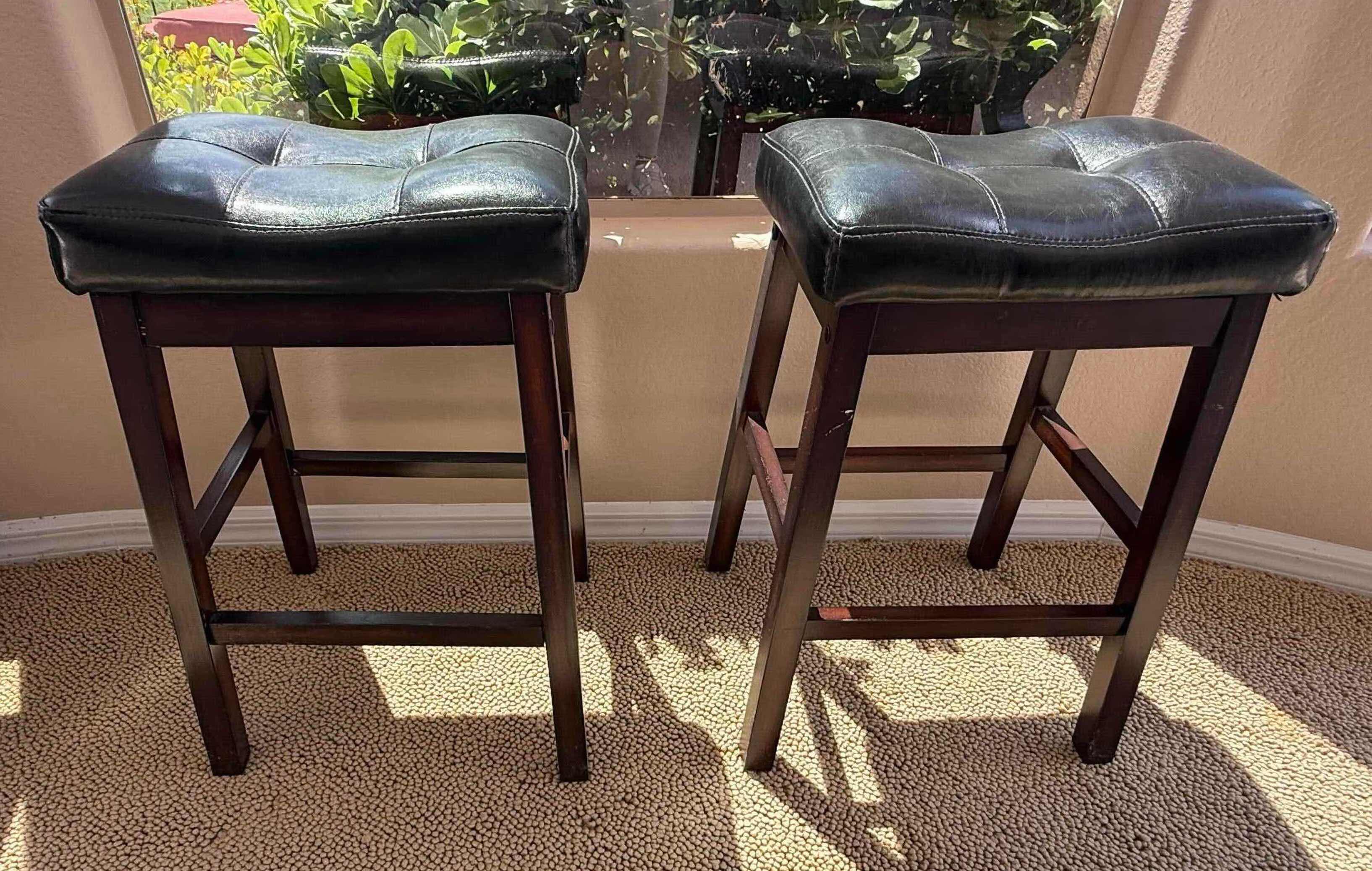 Photo 1 of 2-BLACK LEATHER W WOOD LEGS BAR STOOLS W17” H25”