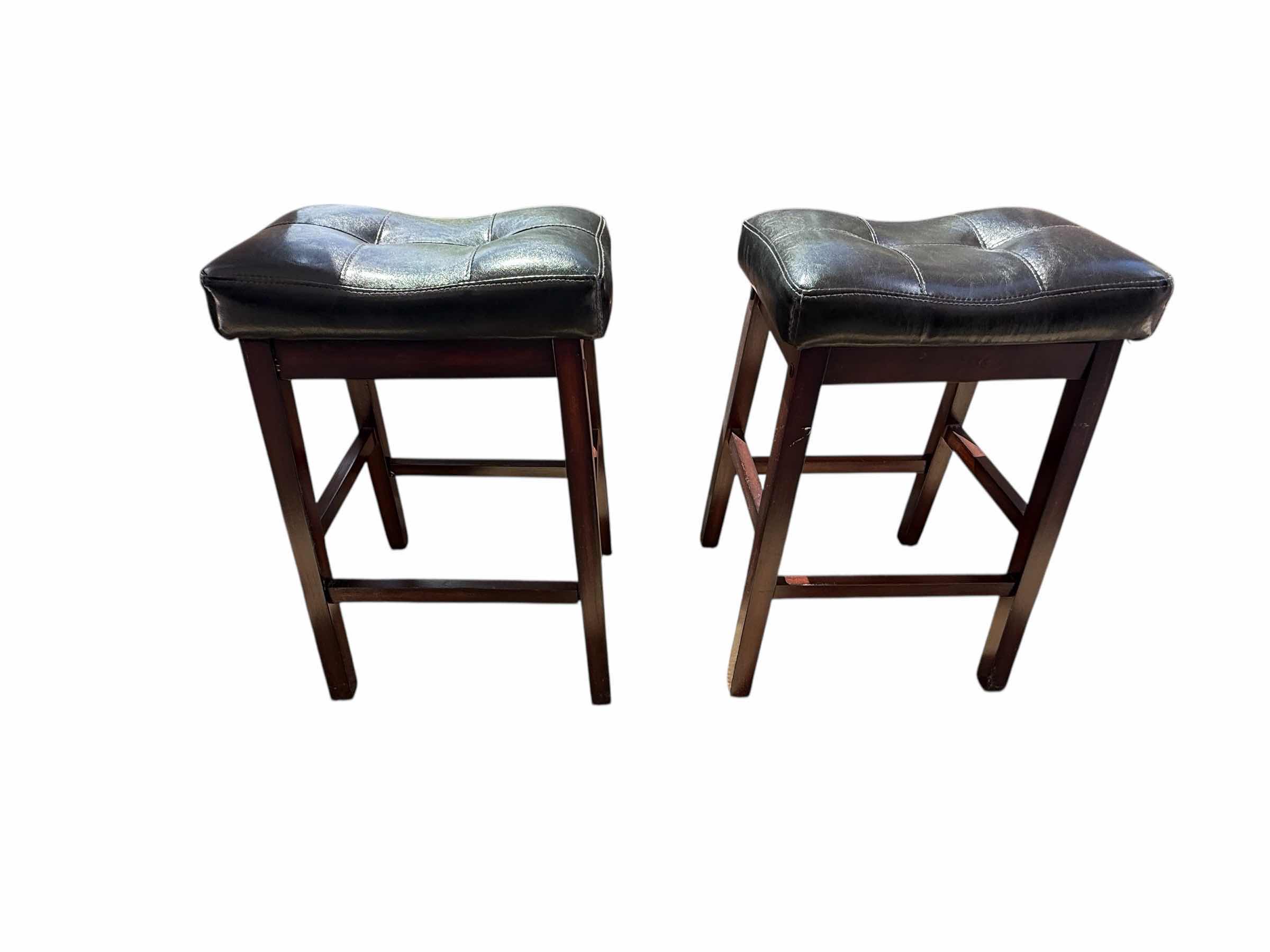 Photo 1 of 2-BLACK LEATHER W WOOD LEGS BAR STOOLS W17” H25”