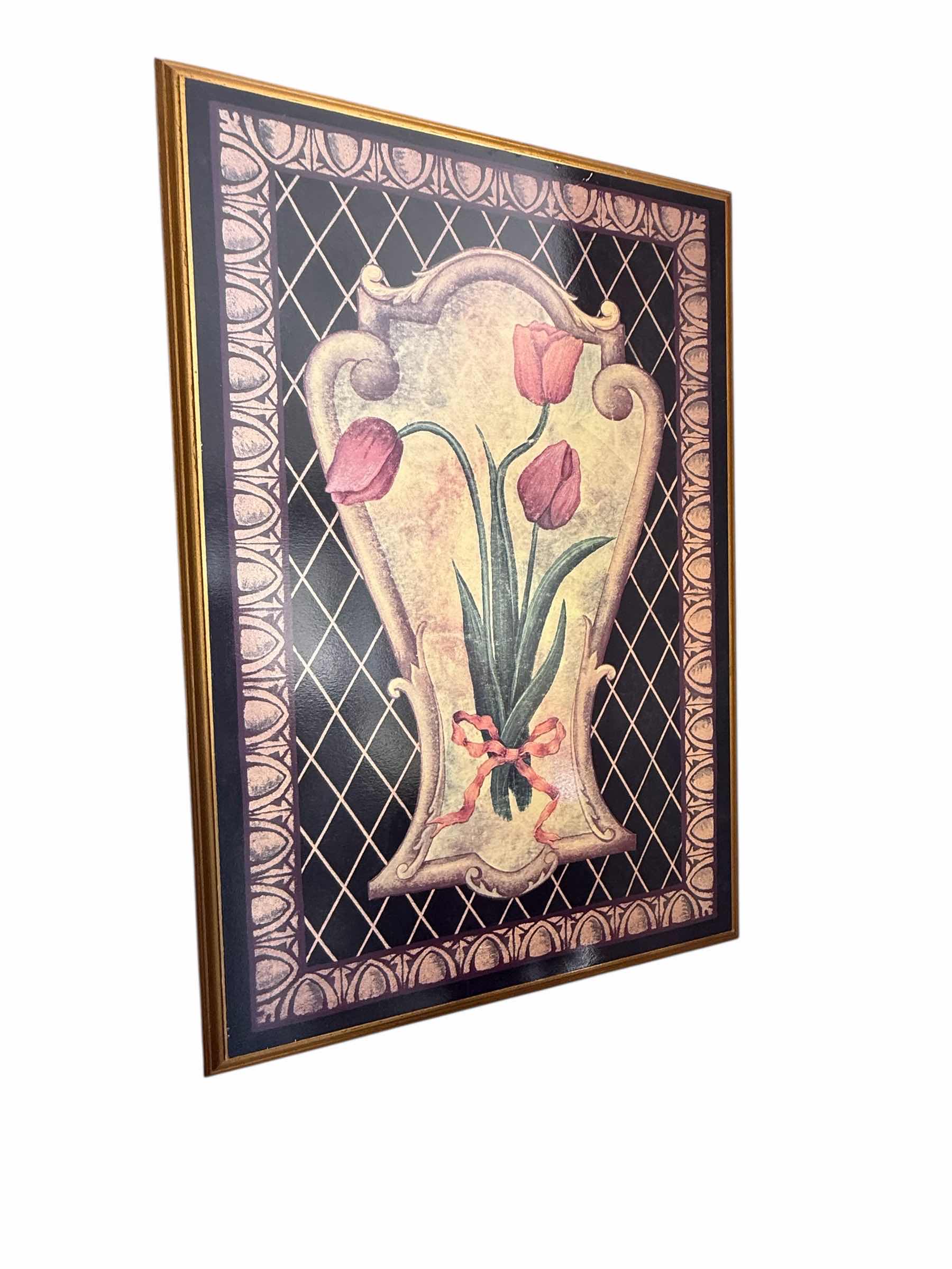 Photo 1 of GOLD FRAMED BLACK LACQUERED FLORAL ARTWORK 17” x 25”