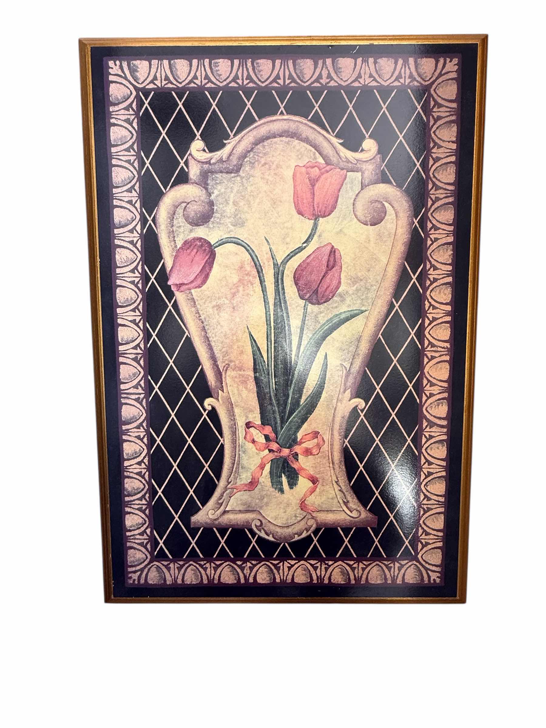 Photo 1 of GOLD FRAMED BLACK LACQUERED FLORAL ARTWORK 17” x 25”