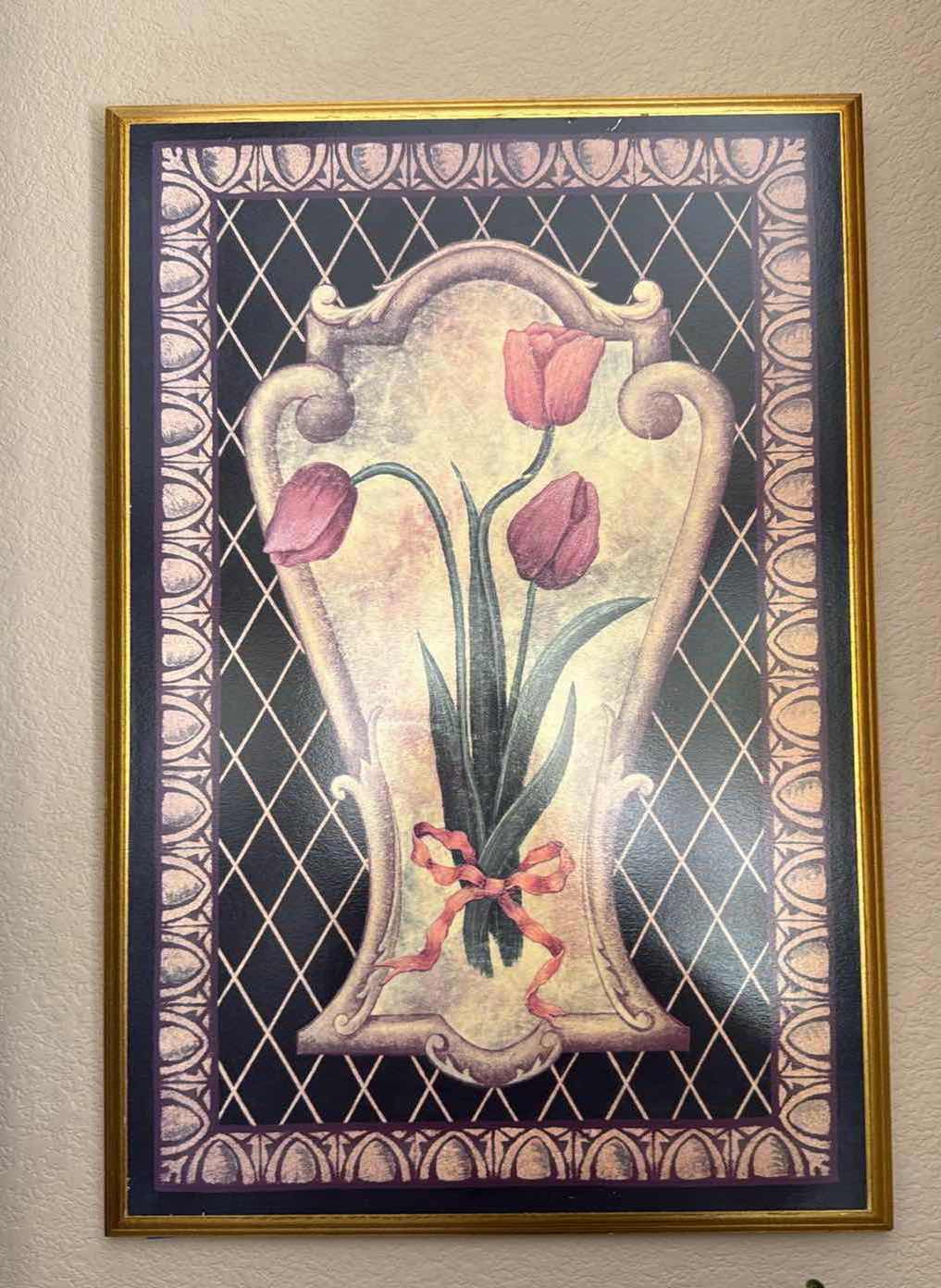 Photo 1 of GOLD FRAMED BLACK LACQUERED FLORAL ARTWORK 17” x 25”