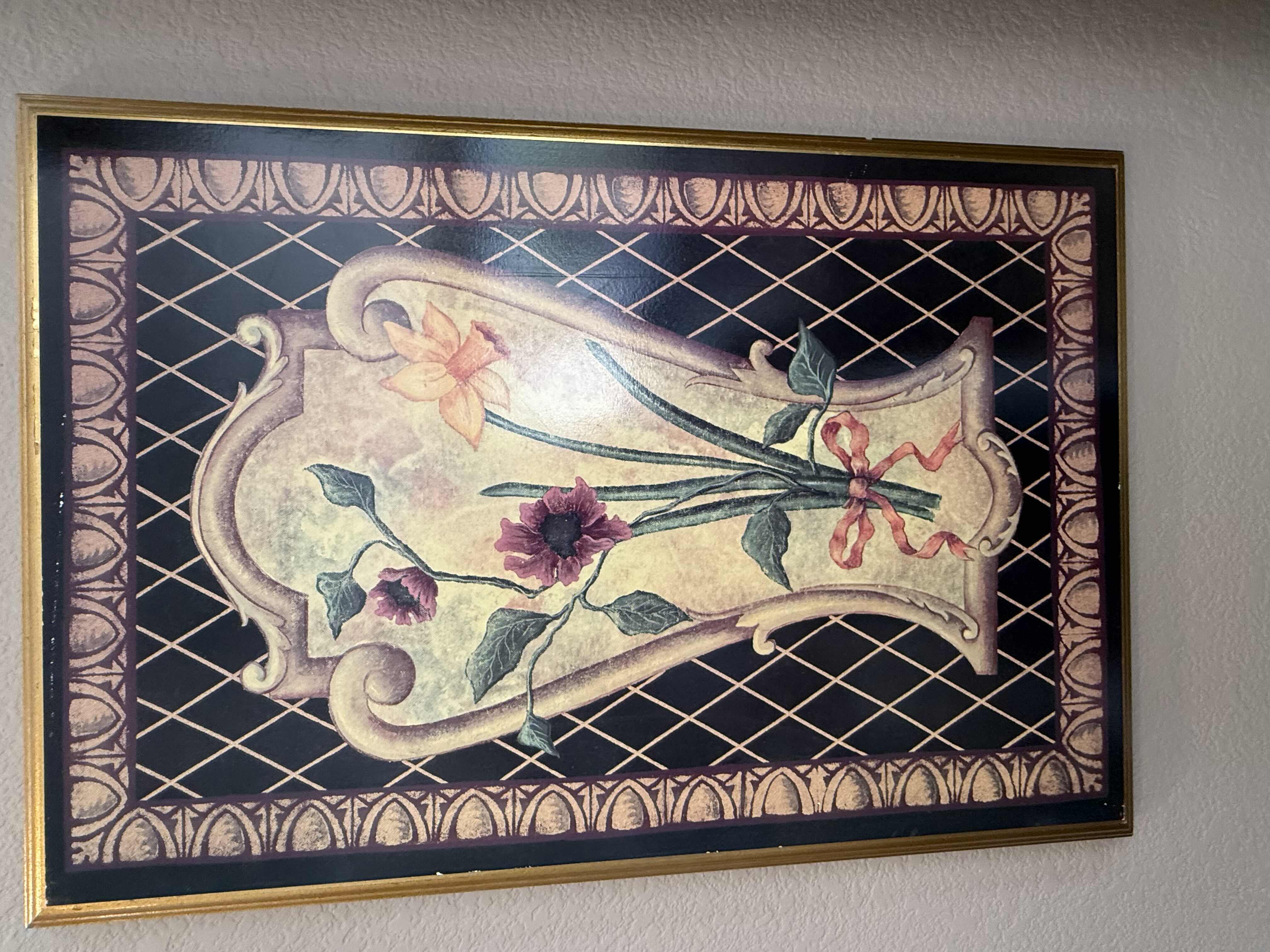 Photo 1 of GOLD FRAMED BLACK LACQUERED FLORAL ARTWORK 17” x 25”