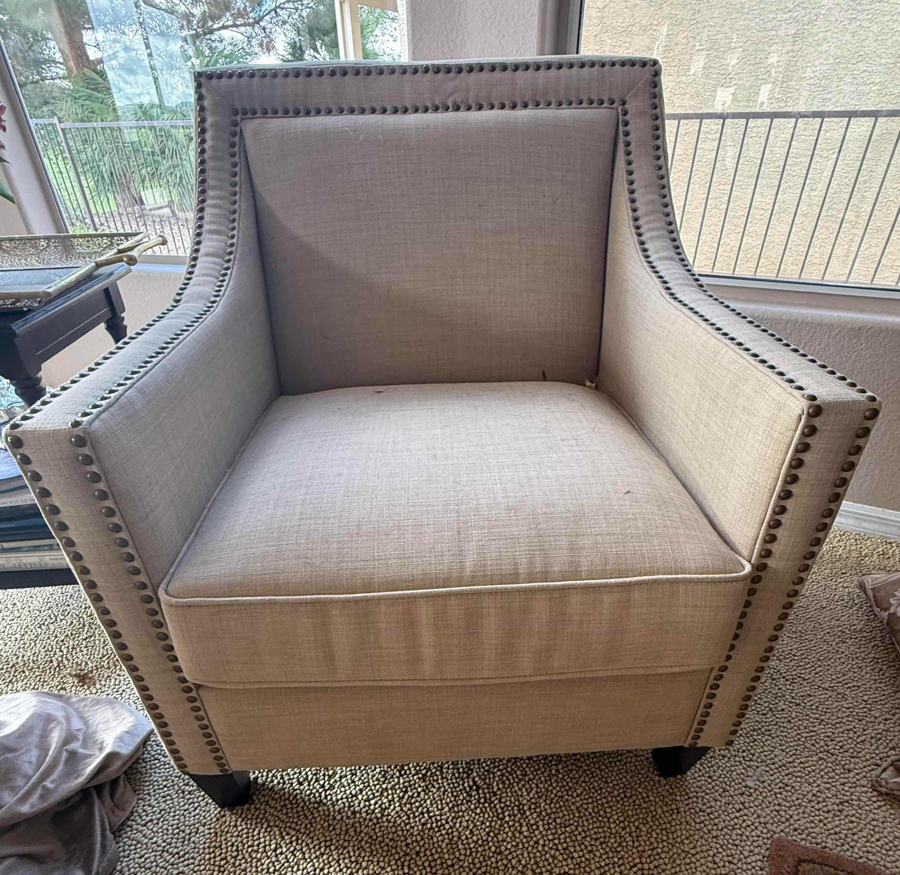 Photo 1 of BEIGE LINEN ACCENT ARM CHAIR W GOLD NAIL TRIM
