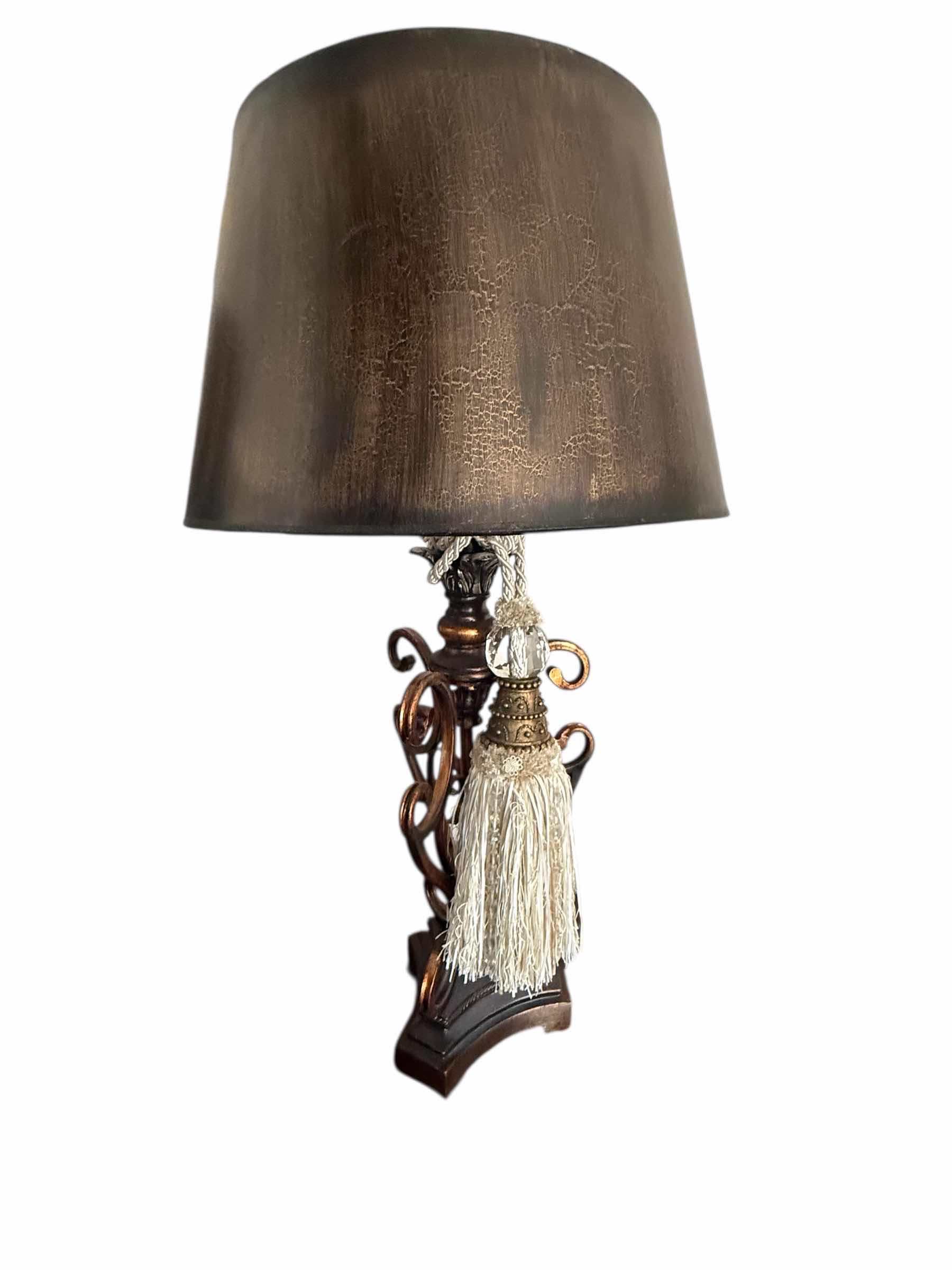 Photo 1 of COPPER METAL TABLE LAMP W BLACK COPPER CRACKLE SHADE & HANGING ACCENT TASSEL H33”