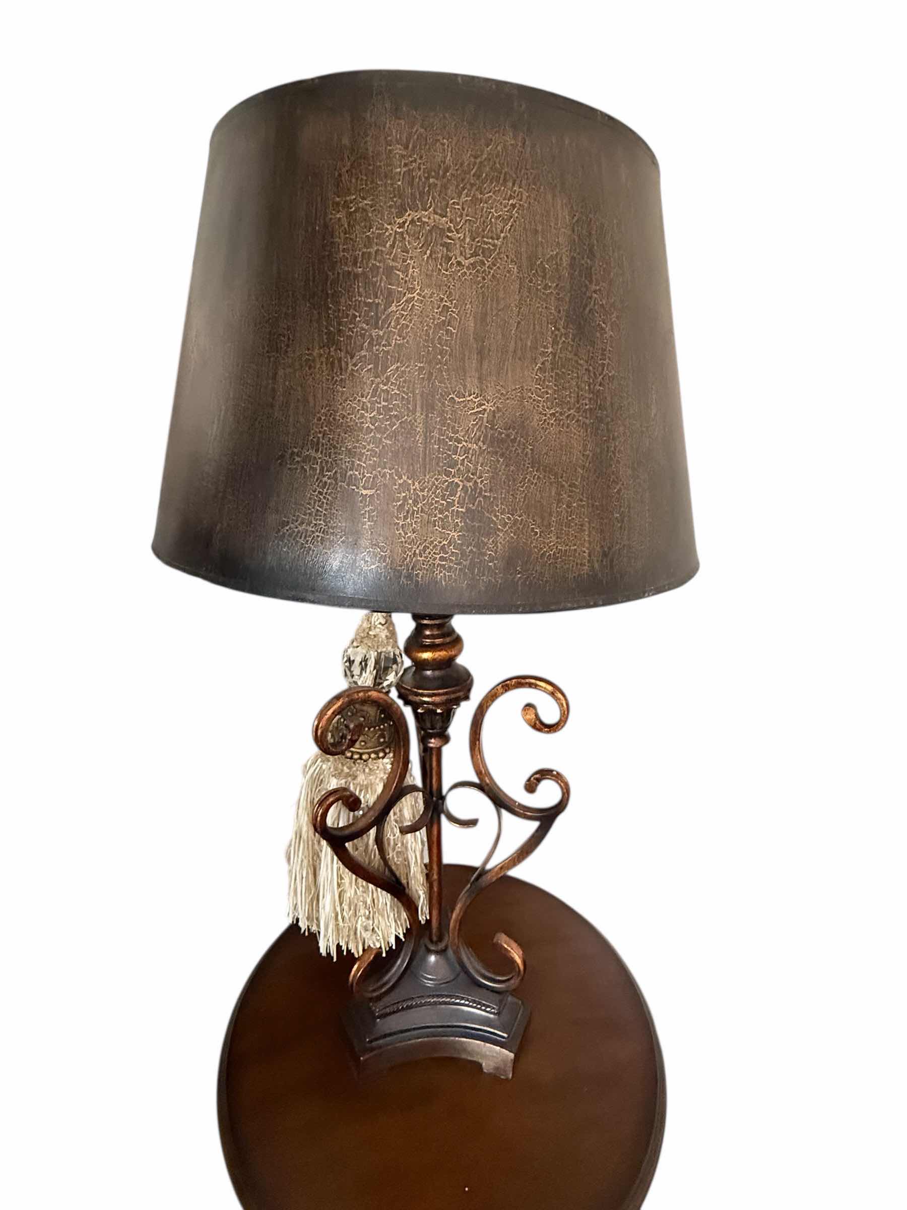Photo 1 of COPPER METAL TABLE LAMP W BLACK COPPER CRACKLE SHADE & HANGING ACCENT TASSEL H33”