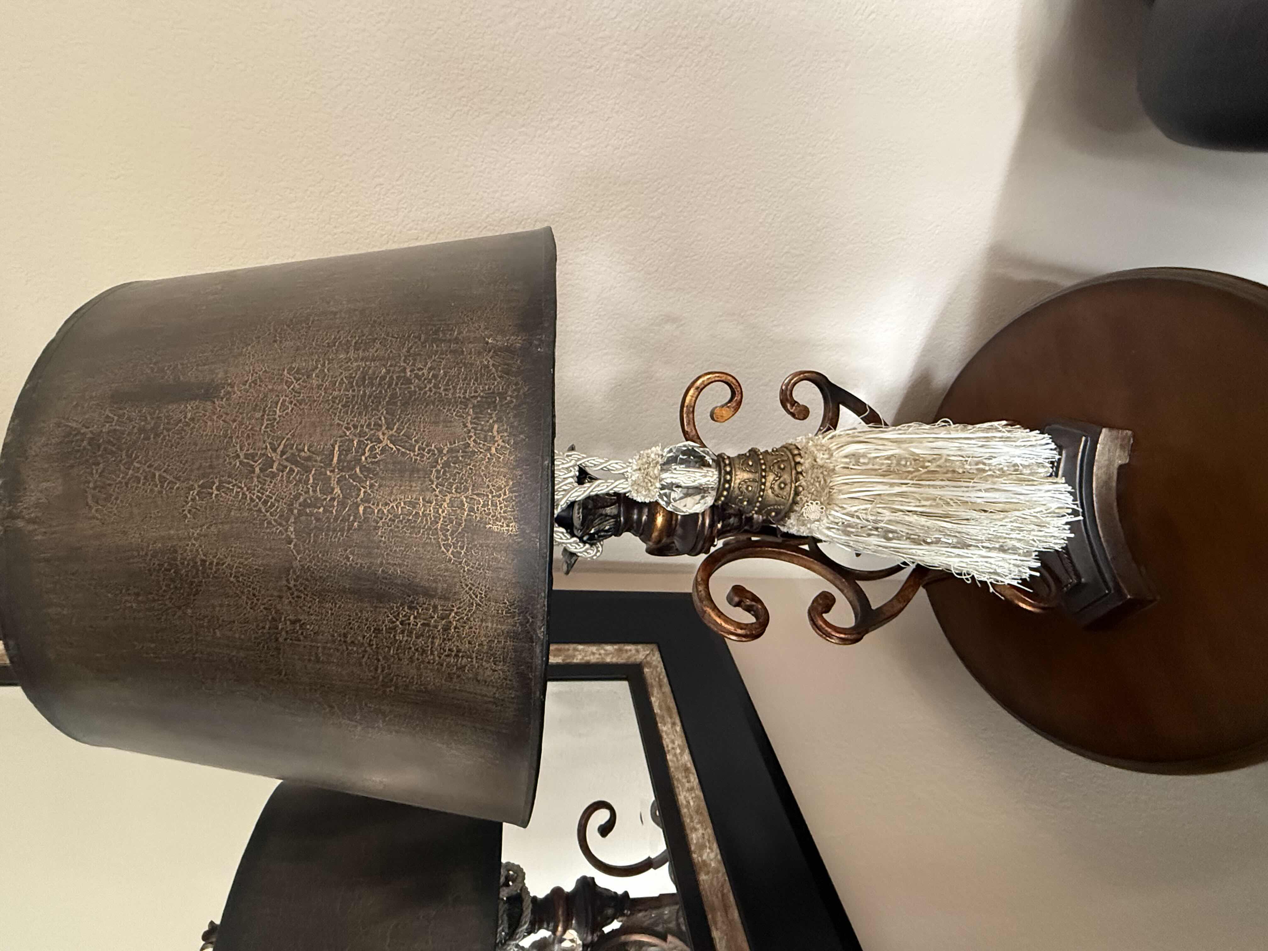 Photo 1 of COPPER METAL TABLE LAMP W BLACK COPPER CRACKLE SHADE & HANGING ACCENT H33”