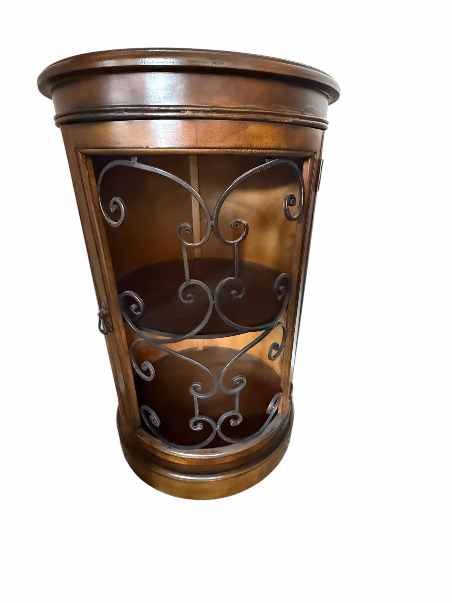 Photo 1 of 20” ROUND MAHOGANY WOOD W WROUGHT IRON ACCENT TABLE H32”