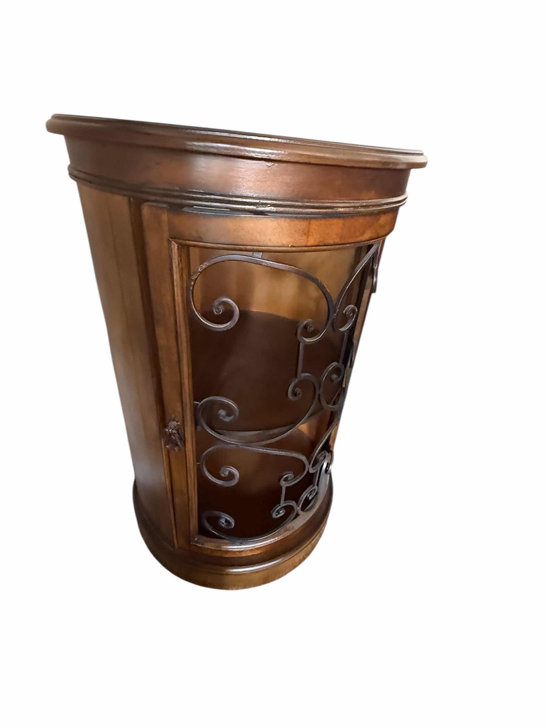 Photo 1 of 20” ROUND MAHOGANY WOOD W WROUGHT IRON ACCENT TABLE H32”