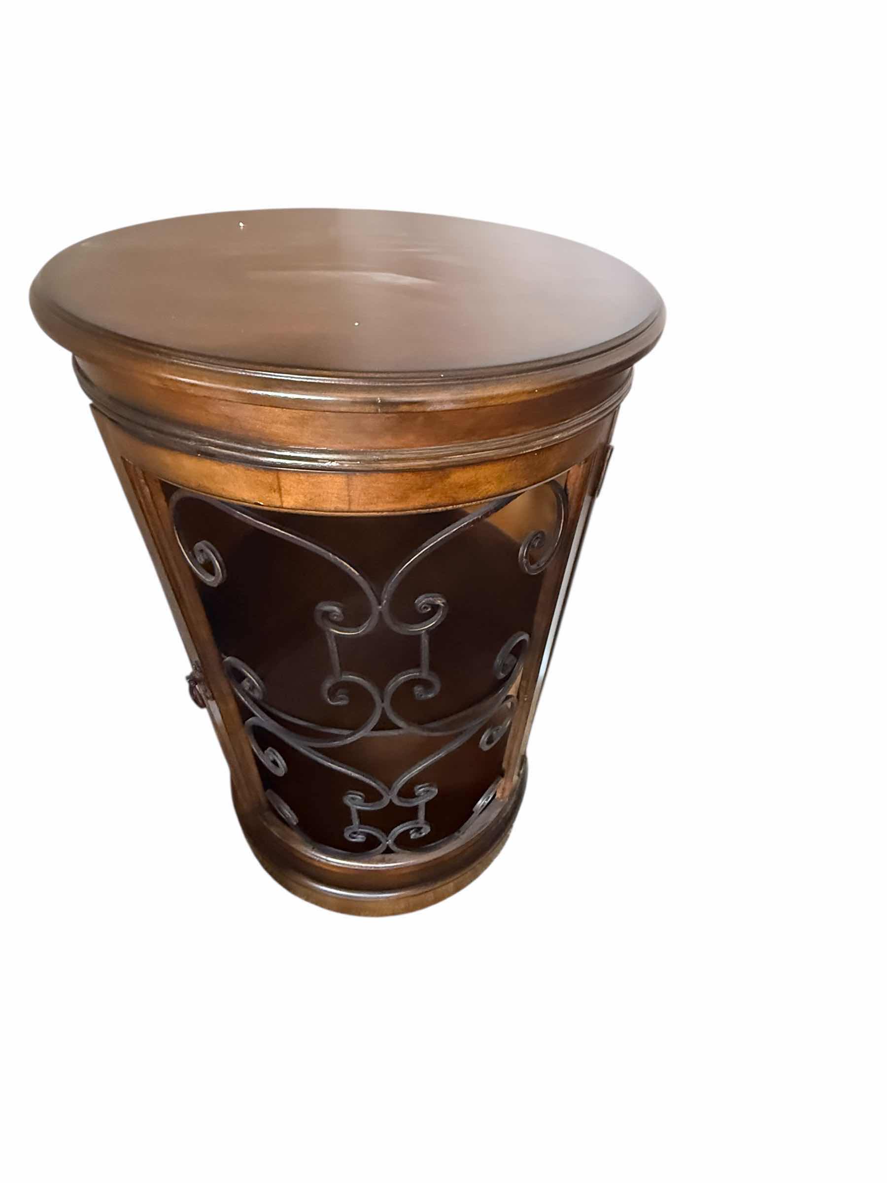 Photo 1 of 20” ROUND MAHOGANY WOOD W WROUGHT IRON ACCENT TABLE H32”