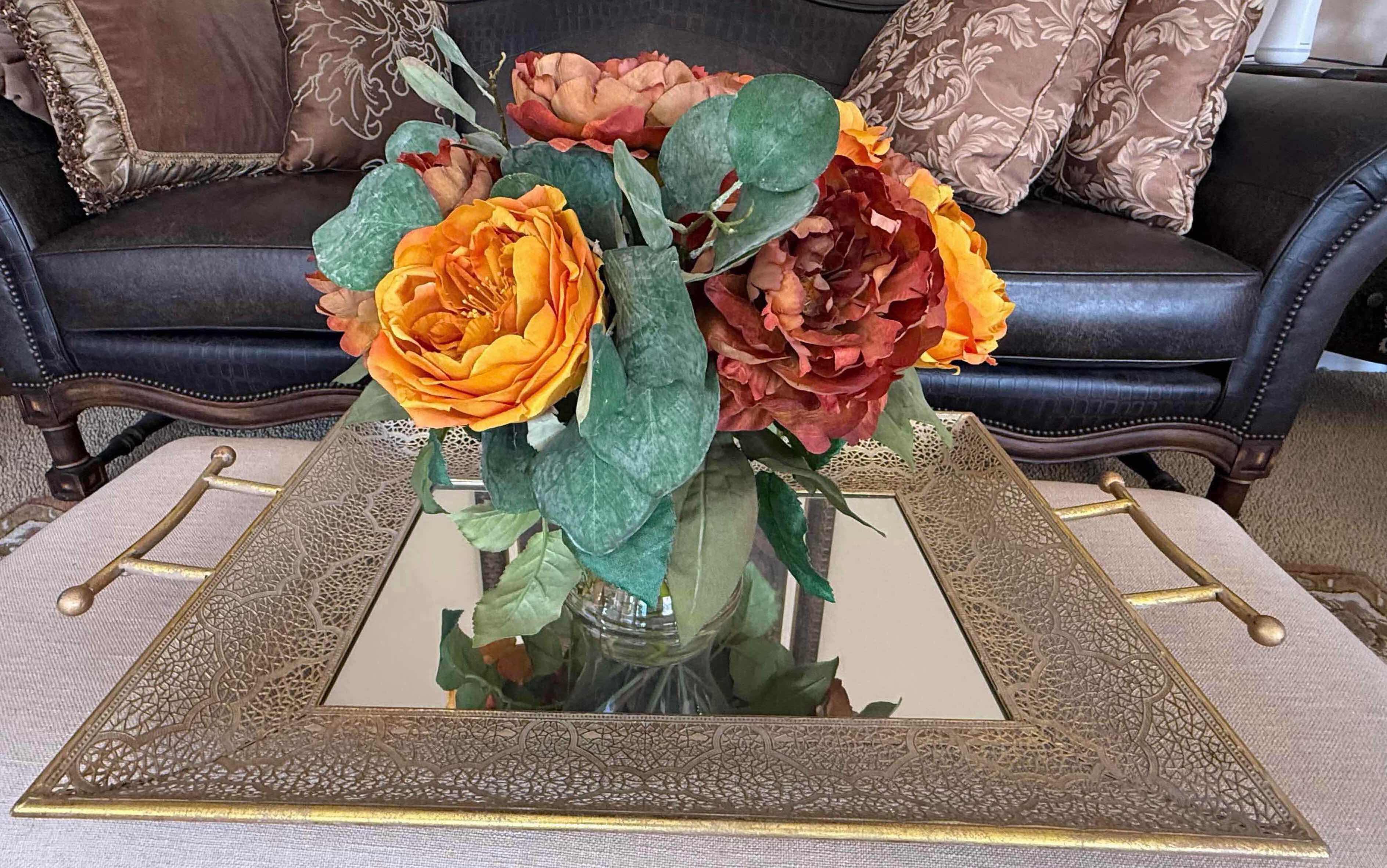 Photo 1 of GOLD MIRRORED TRAY W FAUX FLORAL ARRANGEMENT 29” x 17”