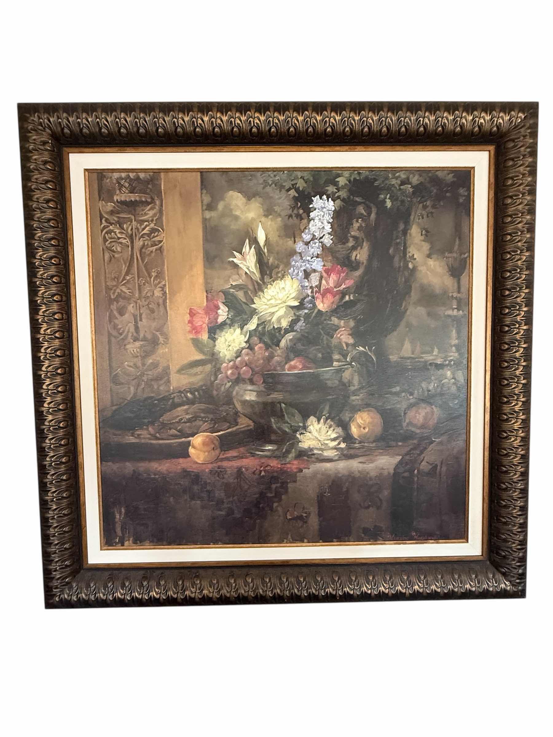 Photo 1 of COPPER FRAMED "SEA VIEW & PEONIES" OIL PAINTING ARTWORK SIGNED BY ARTIST MURPHY MCDONALD 46” x 44”