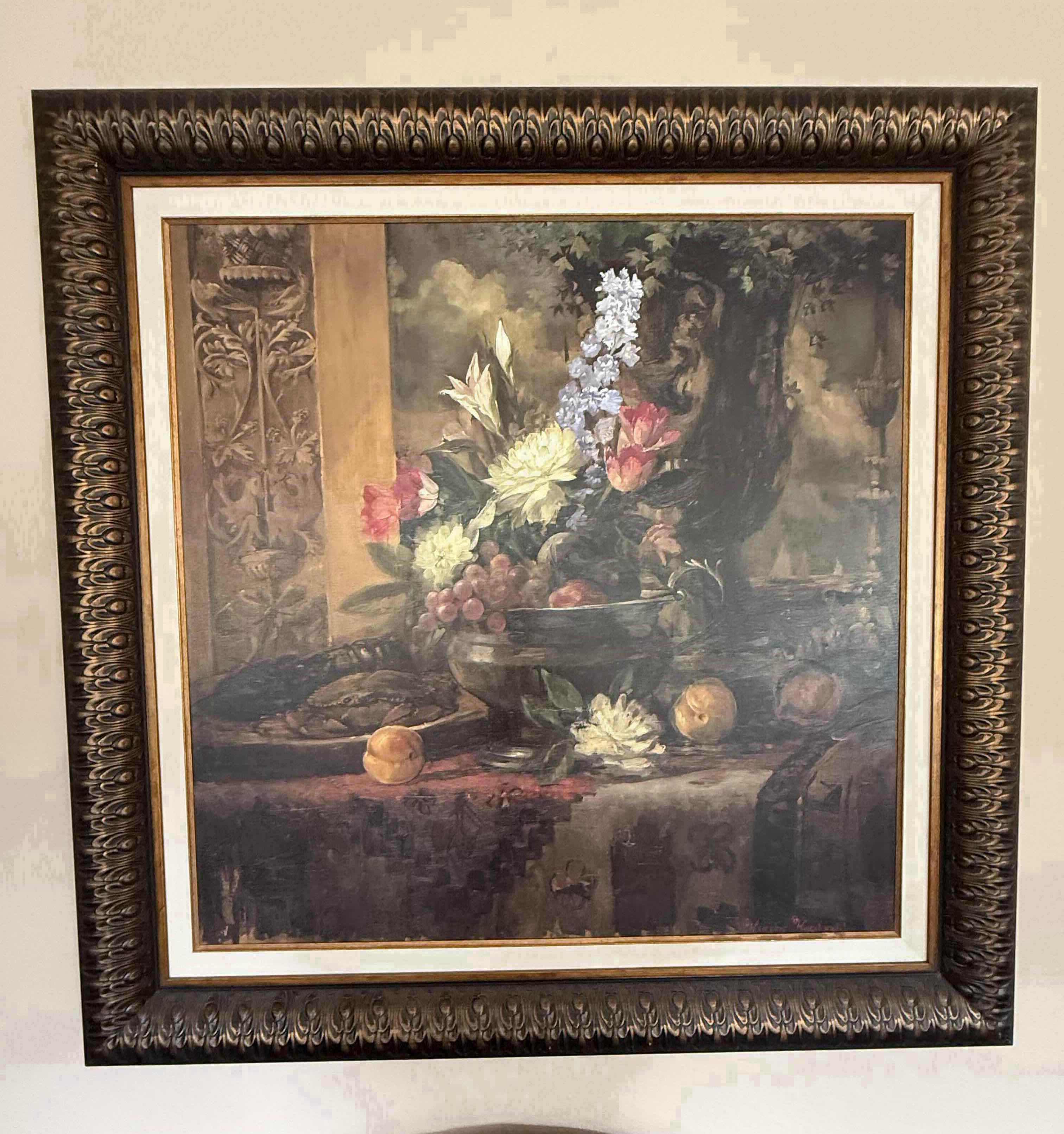 Photo 1 of COPPER FRAMED "SEA VIEW & PEONIES" OIL PAINTING ARTWORK SIGNED BY ARTIST MURPHY MCDONALD 46” x 44”