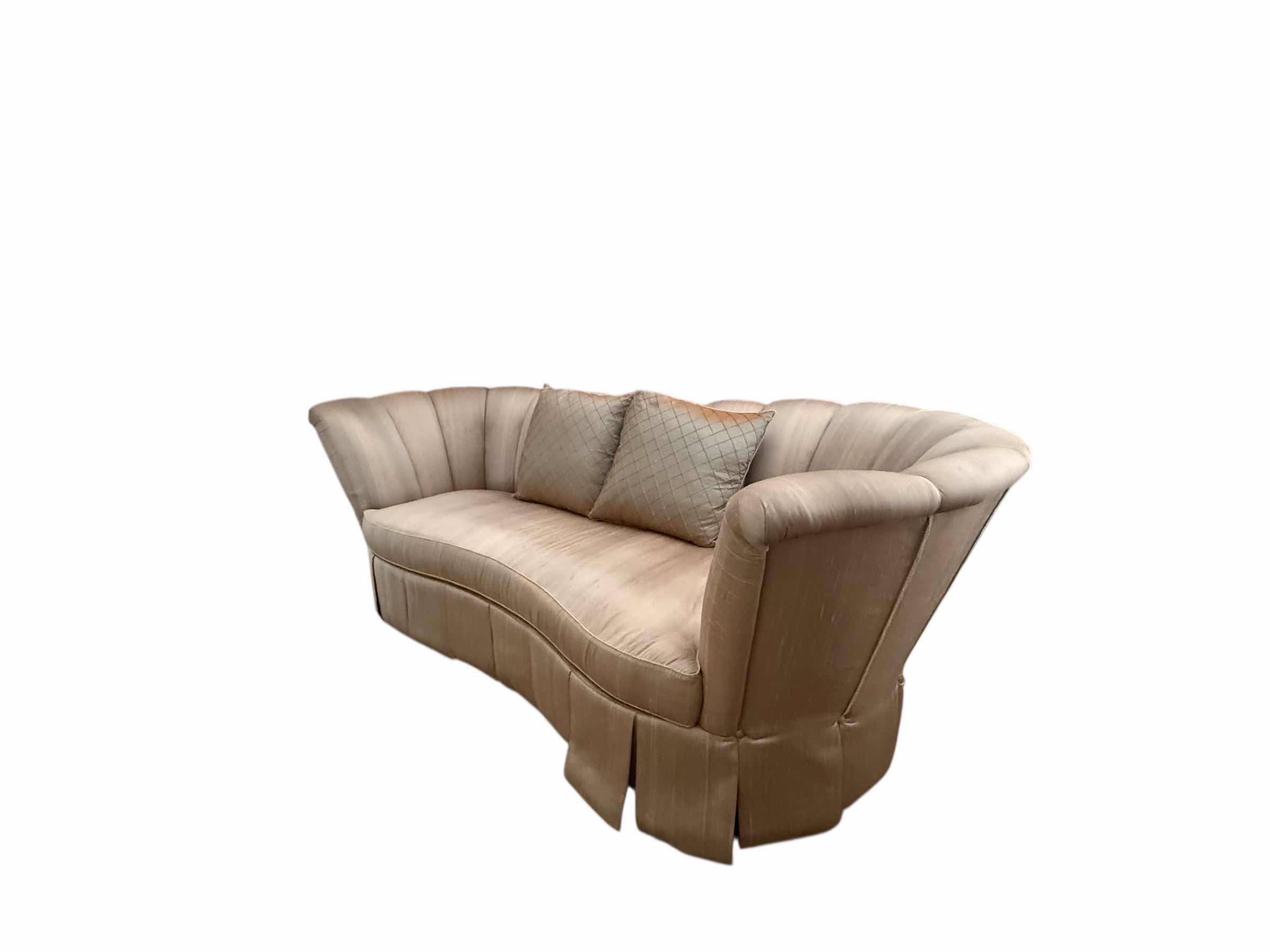 Photo 1 of BEIGE SILK UPHOLSTERED CLAMSHELL SETTEE SOFA-LIKE NEW 100” x 51” H37”