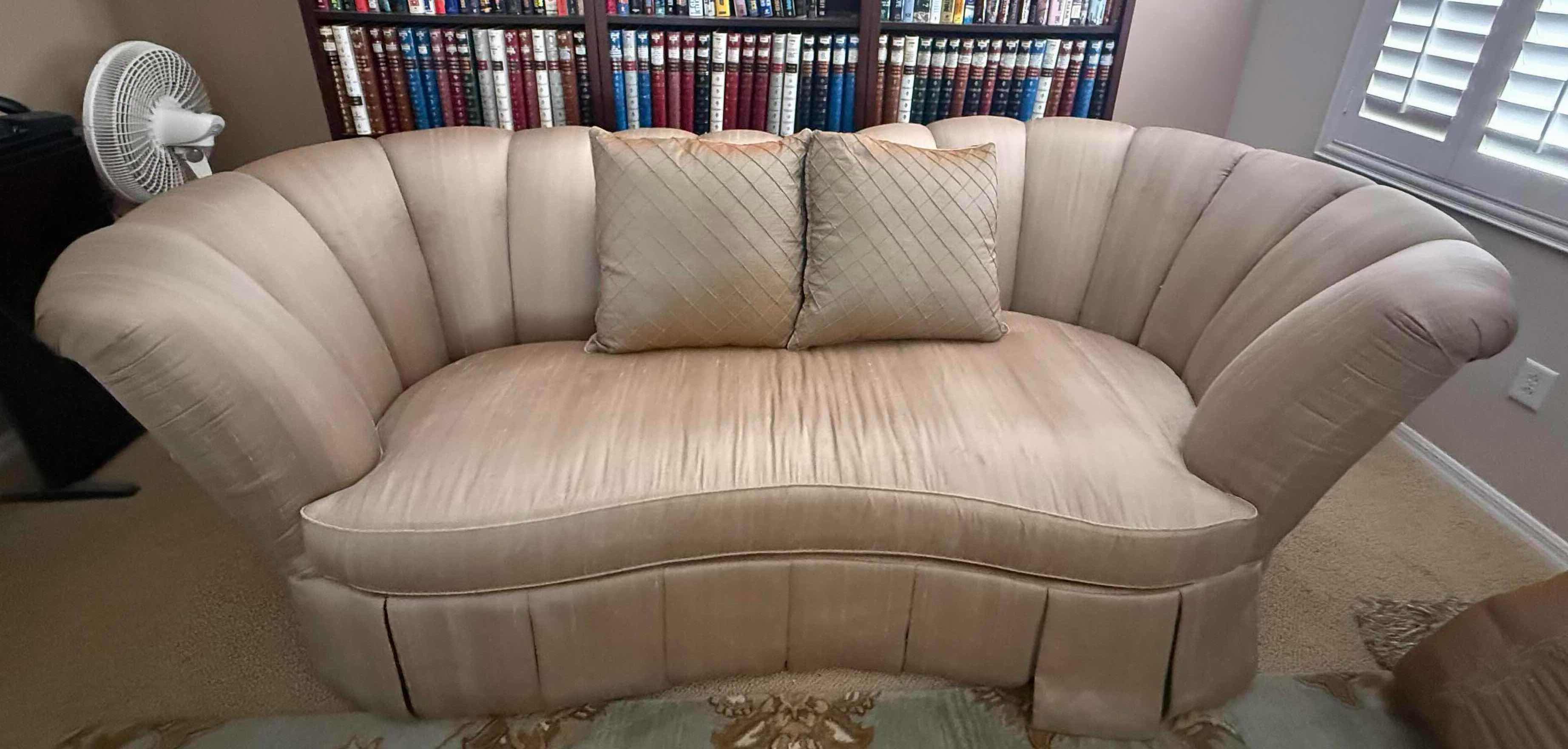 Photo 1 of BEIGE SILK UPHOLSTERED CLAMSHELL SETTEE SOFA-LIKE NEW 100” x 51” H37”