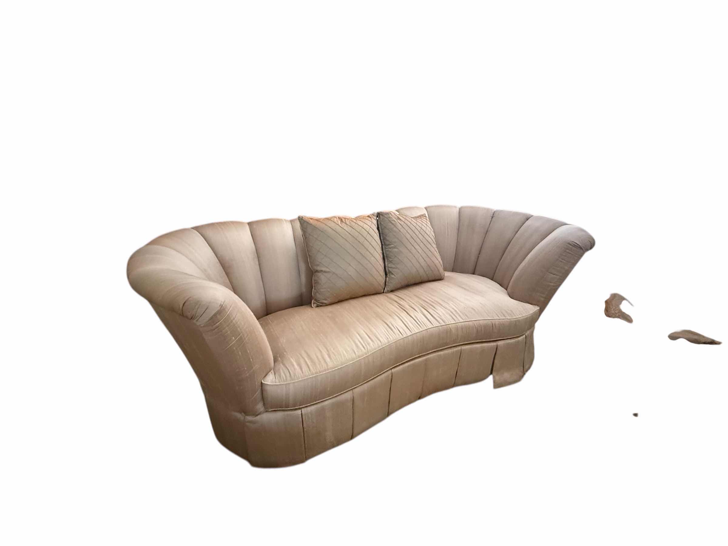 Photo 1 of BEIGE SILK UPHOLSTERED CLAMSHELL SETTEE SOFA-LIKE NEW 100” x 51” H37”