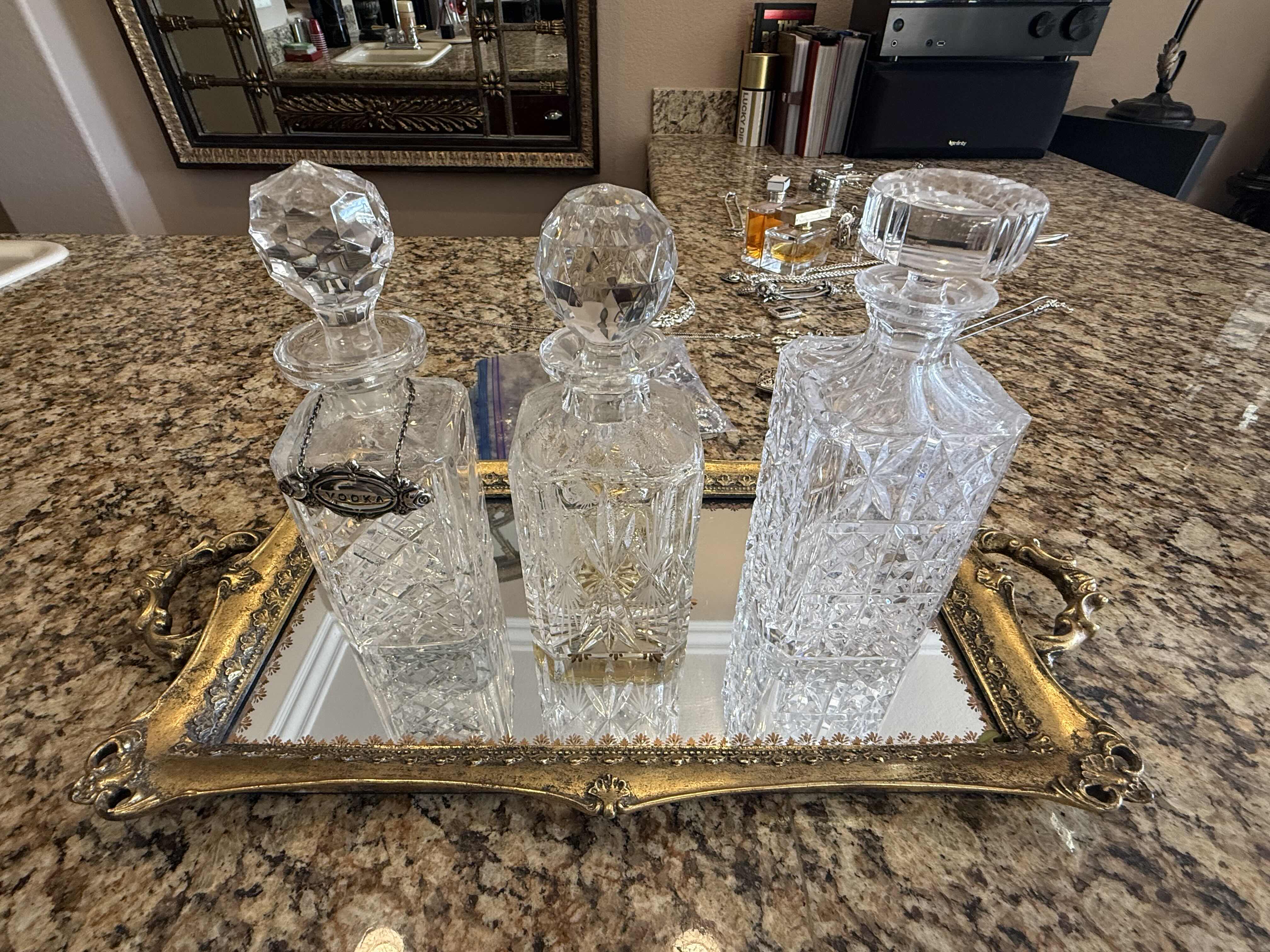 Photo 1 of 4PCS-GOLD MIRRORED TRAY W 3 CRYSTAL LIQUOR DECANTERS