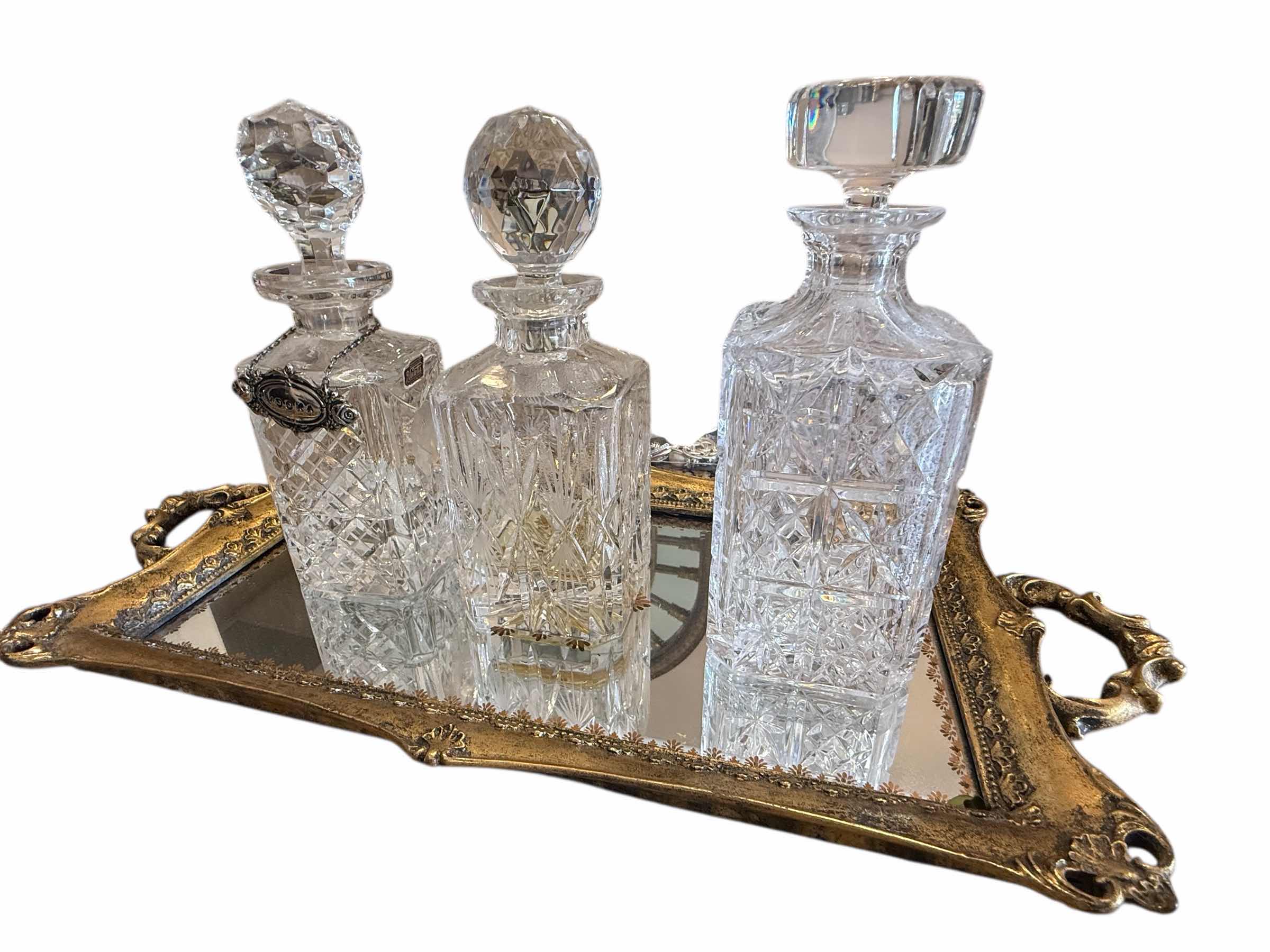 Photo 1 of 4PCS-GOLD MIRRORED TRAY W 3 CRYSTAL LIQUOR DECANTERS
