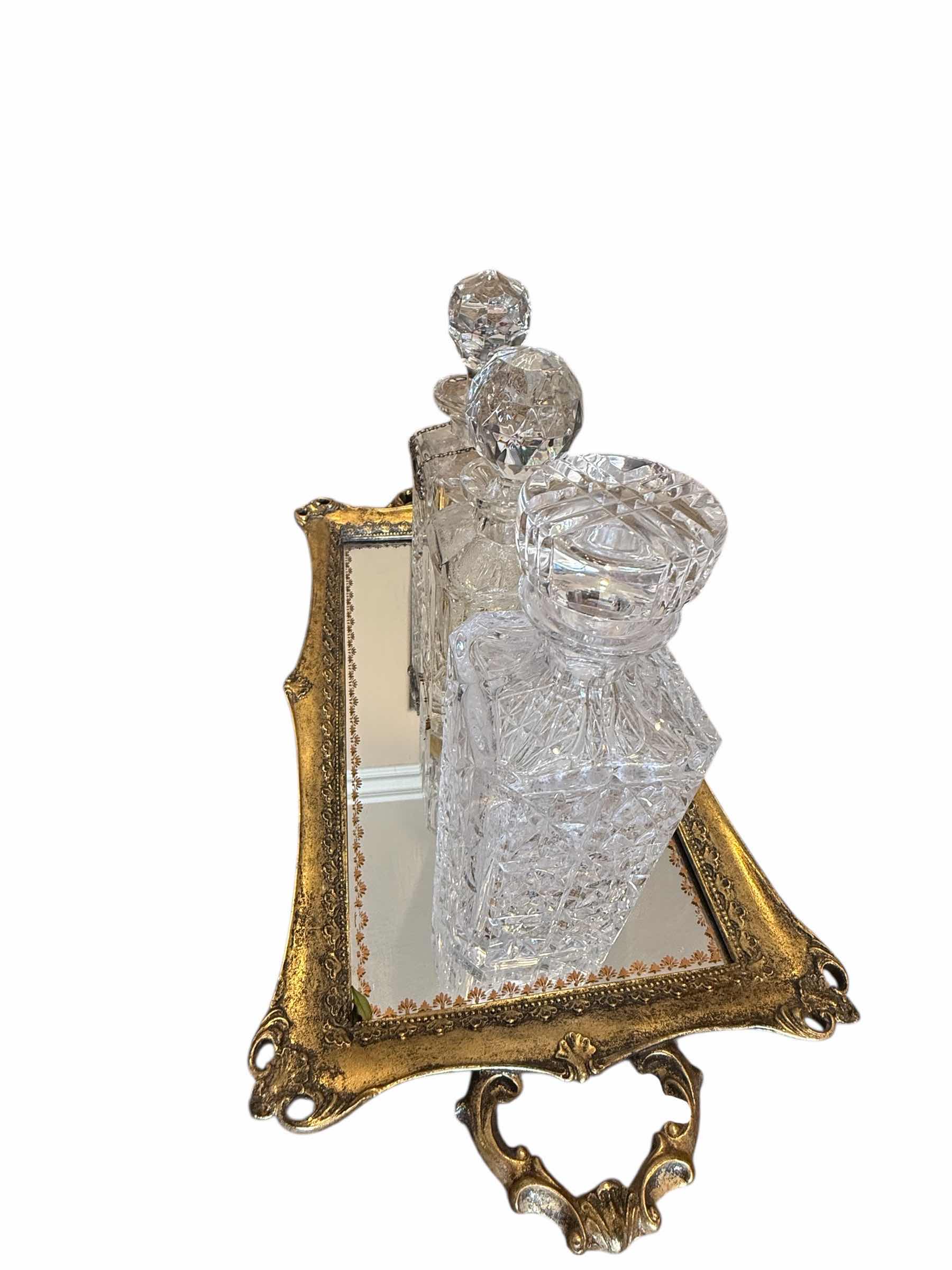 Photo 1 of 4PCS-GOLD MIRRORED TRAY W 3 CRYSTAL LIQUOR DECANTERS