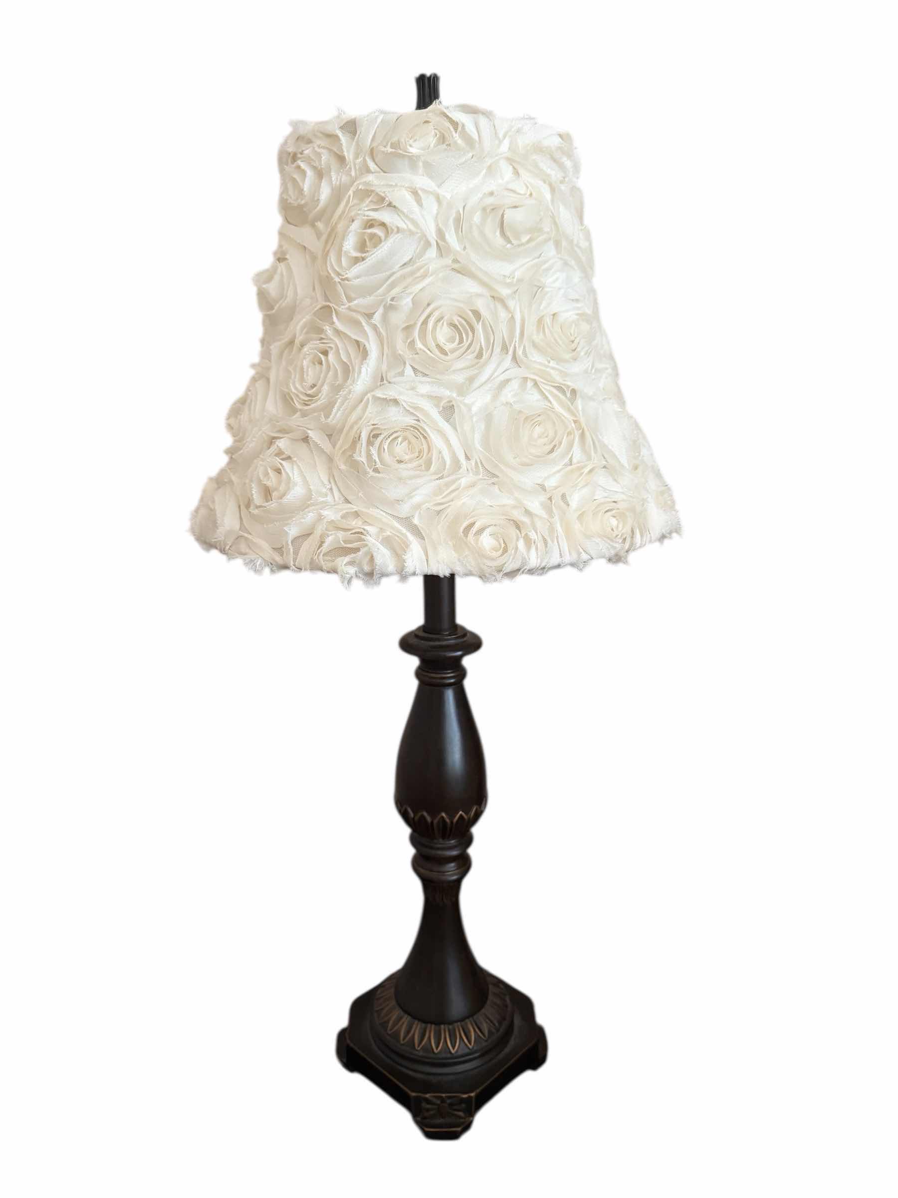 Photo 1 of BLACK WOOD TABLE LAMP W WHITE ROSES SHADE H30”