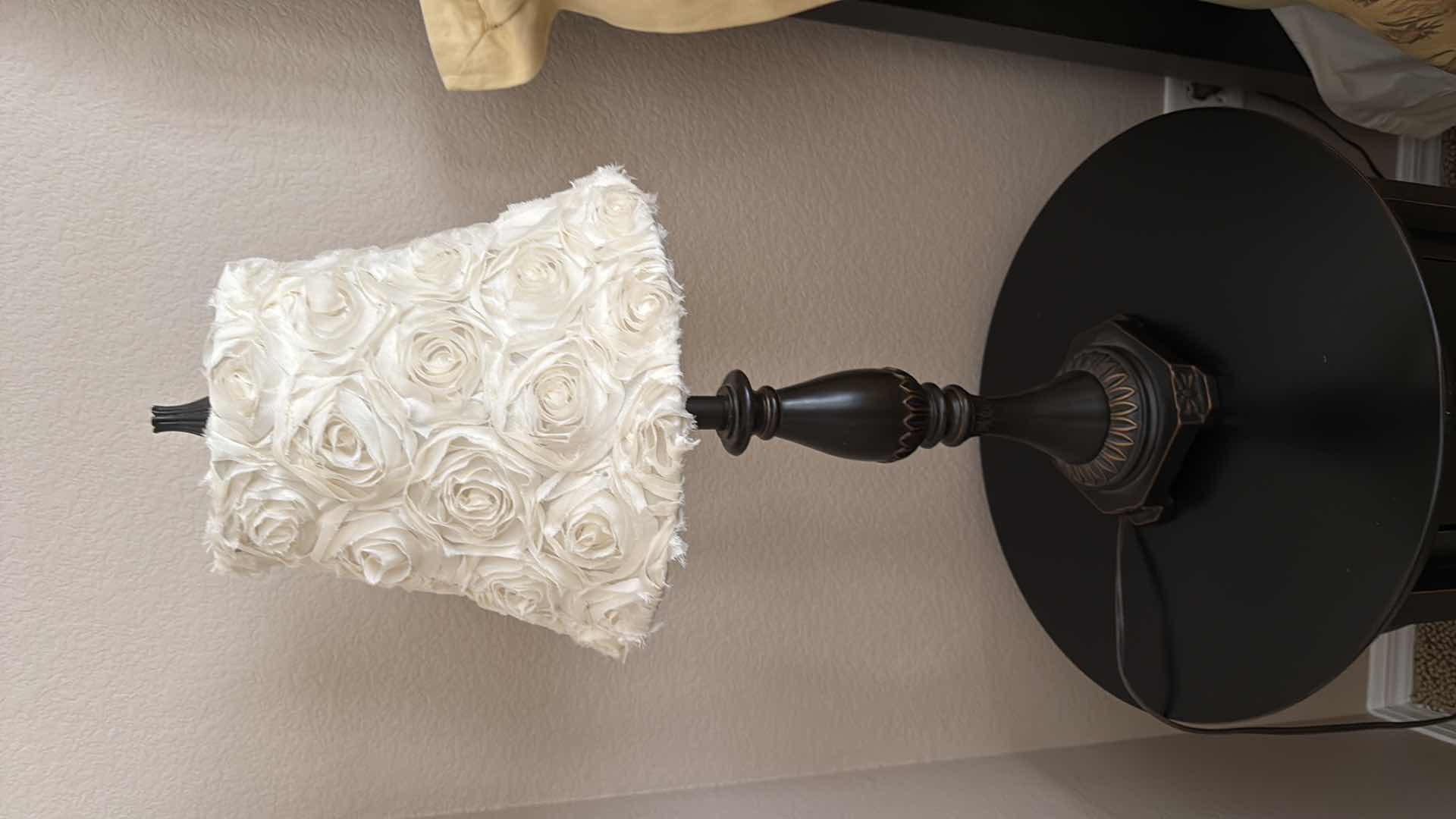Photo 1 of BLACK WOOD TABLE LAMP W WHITE ROSES SHADE H30”