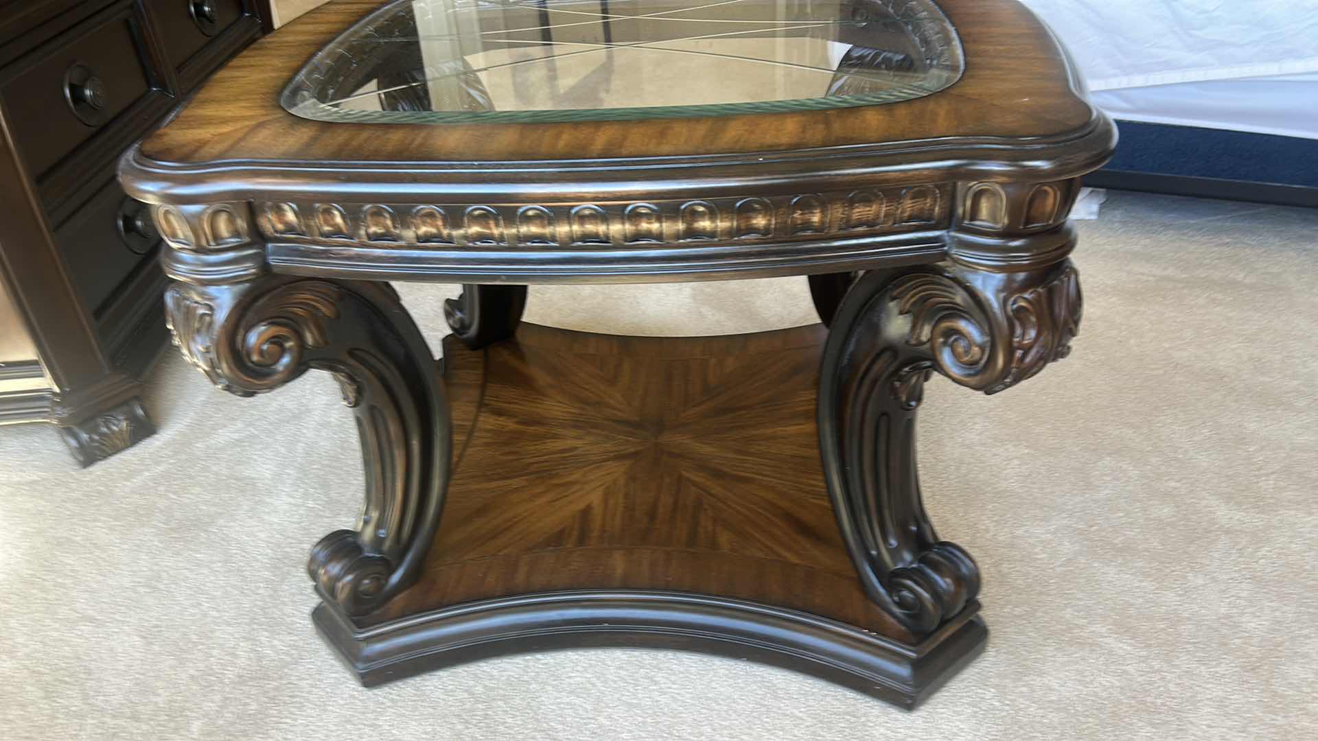 Photo 1 of KIDNEY SHAPED SOLID WOOD SIDE TABLE WITH ETCHED GLASS INSERT TOP 31” x 27 1/2” x H23”